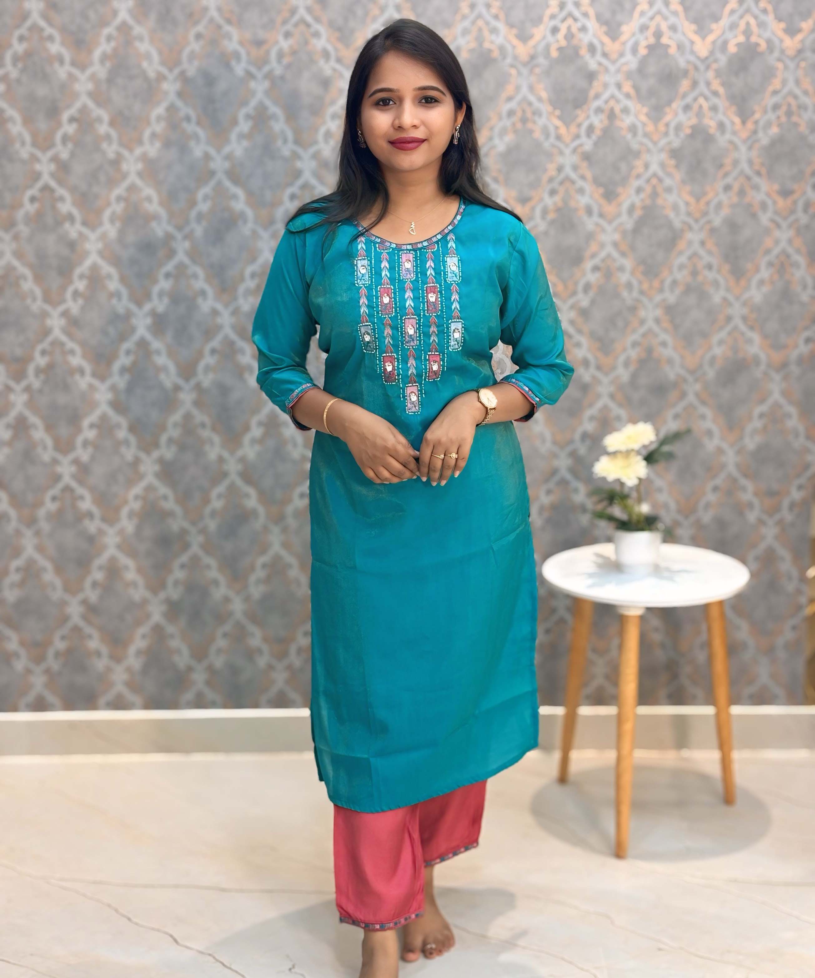 Green with Blue and Pink Color Premium Tissue Shimmer 3 Piece Salwar Set / ESS337