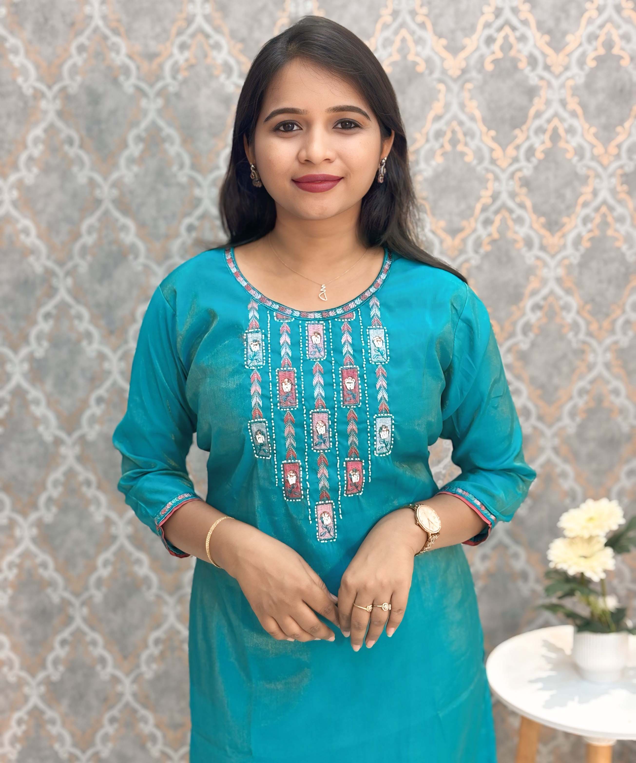 Green with Blue and Pink Color Premium Tissue Shimmer 3 Piece Salwar Set / ESS337