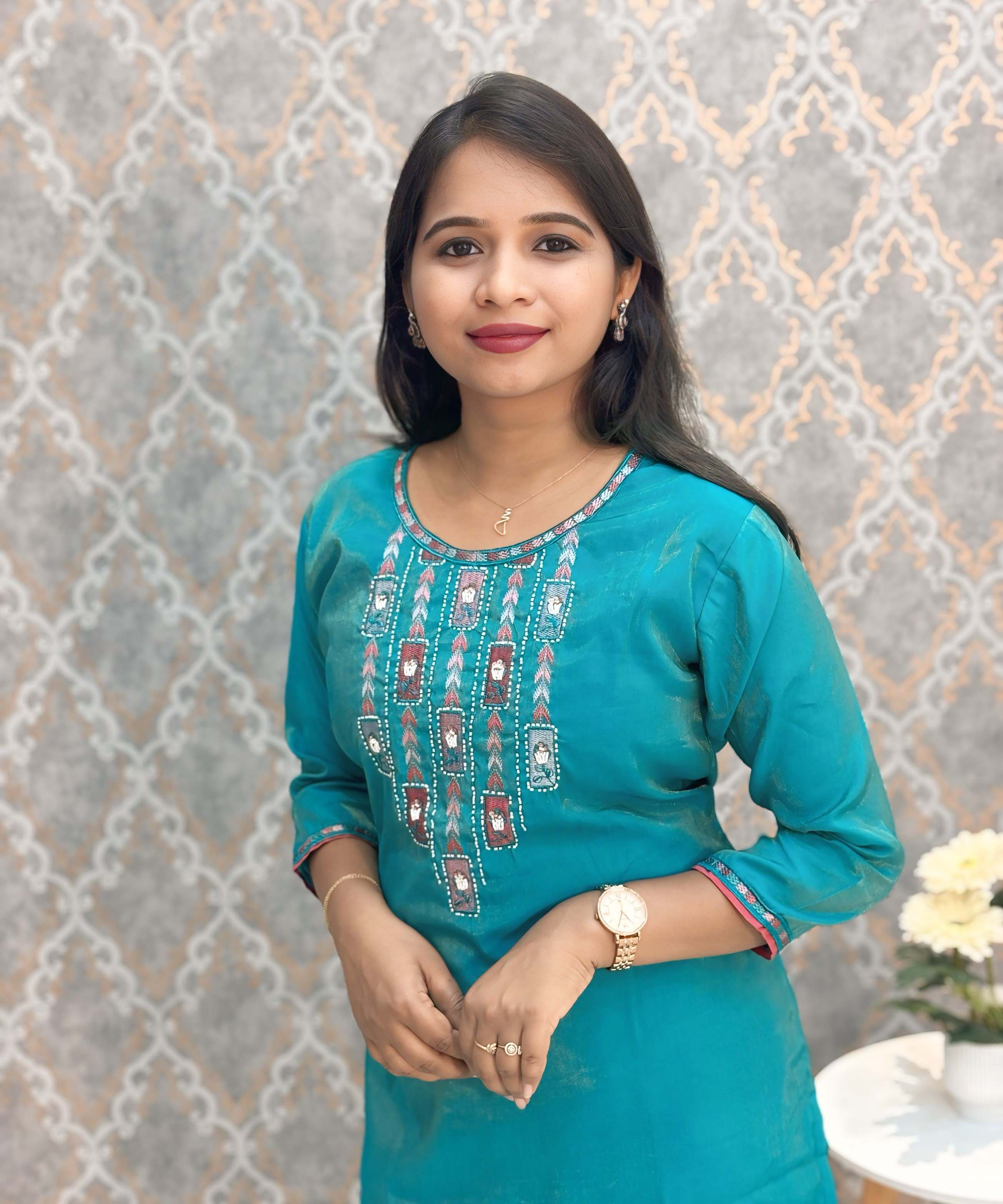 Green with Blue and Pink Color Premium Tissue Shimmer 3 Piece Salwar Set / ESS337