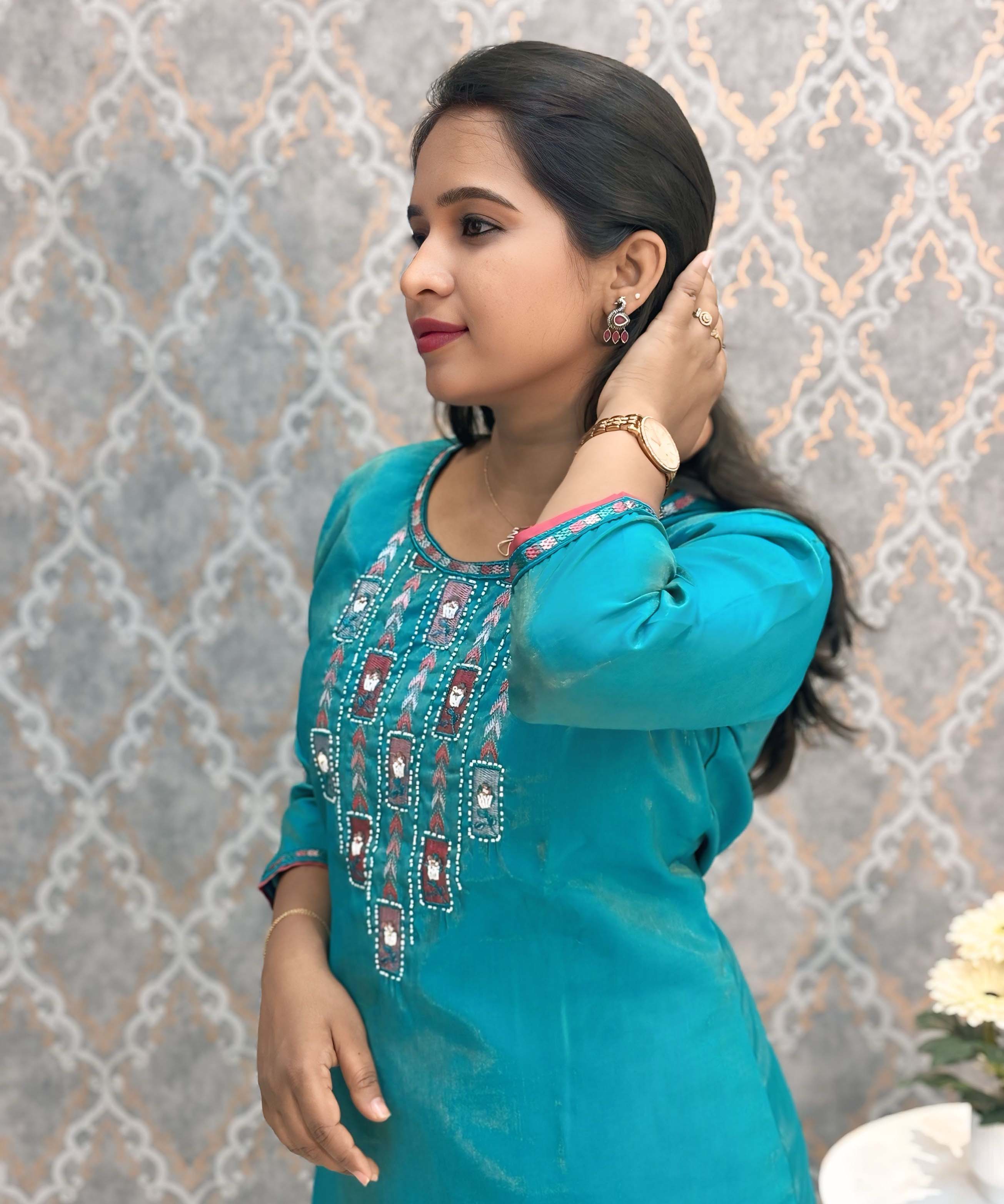 Green with Blue and Pink Color Premium Tissue Shimmer 3 Piece Salwar Set / ESS337