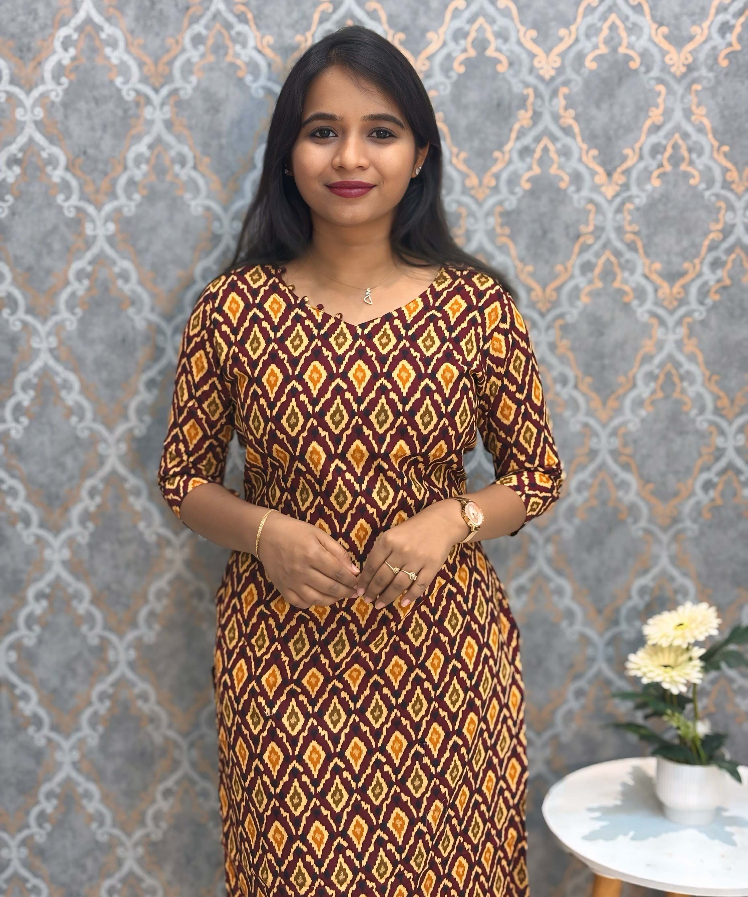 Yellow and Maroon Color V Neck Ikkat Print Flex Cotton Kurti with Pocket / LSS180