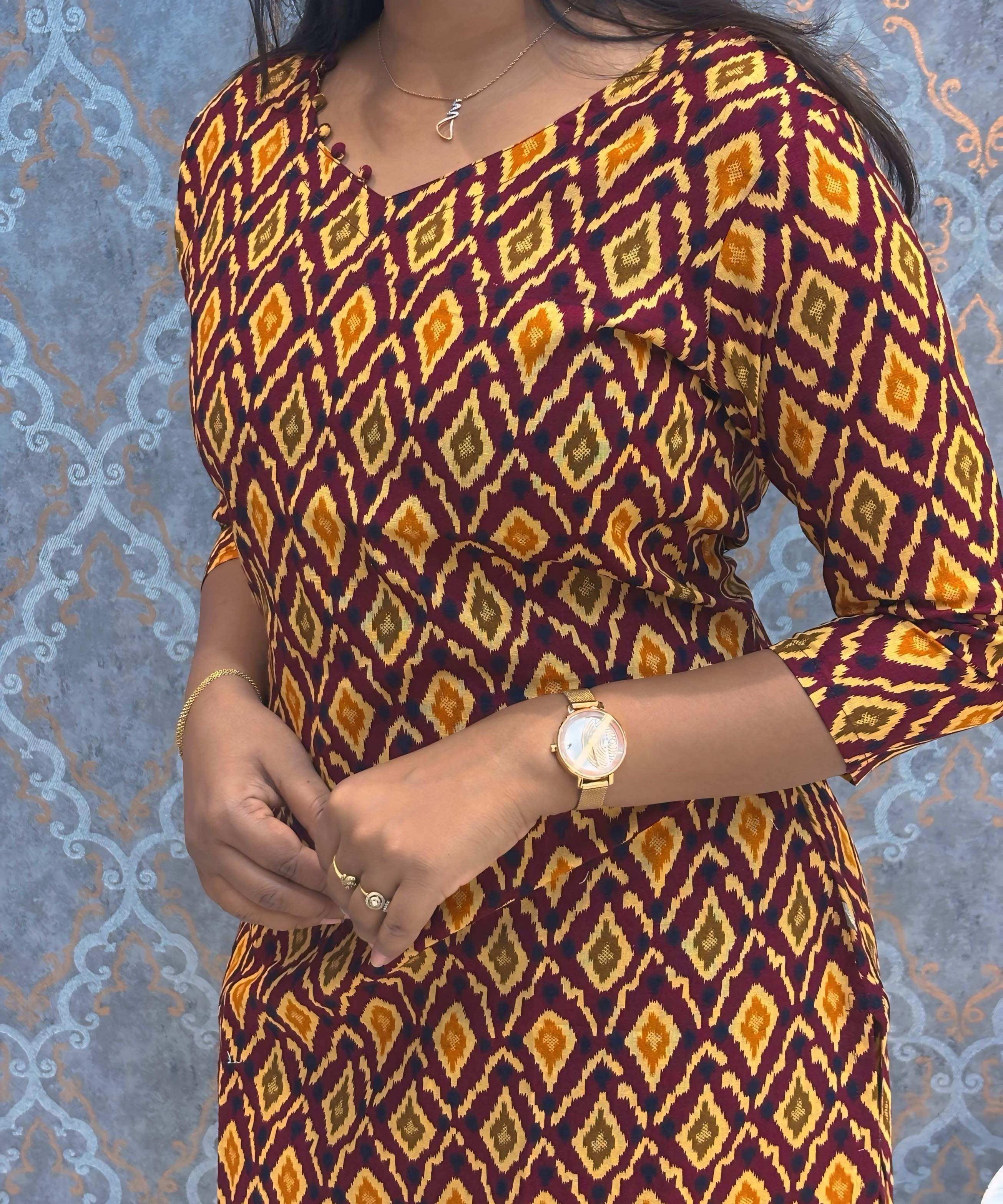 Yellow and Maroon Color V Neck Ikkat Print Flex Cotton Kurti with Pocket / LSS180
