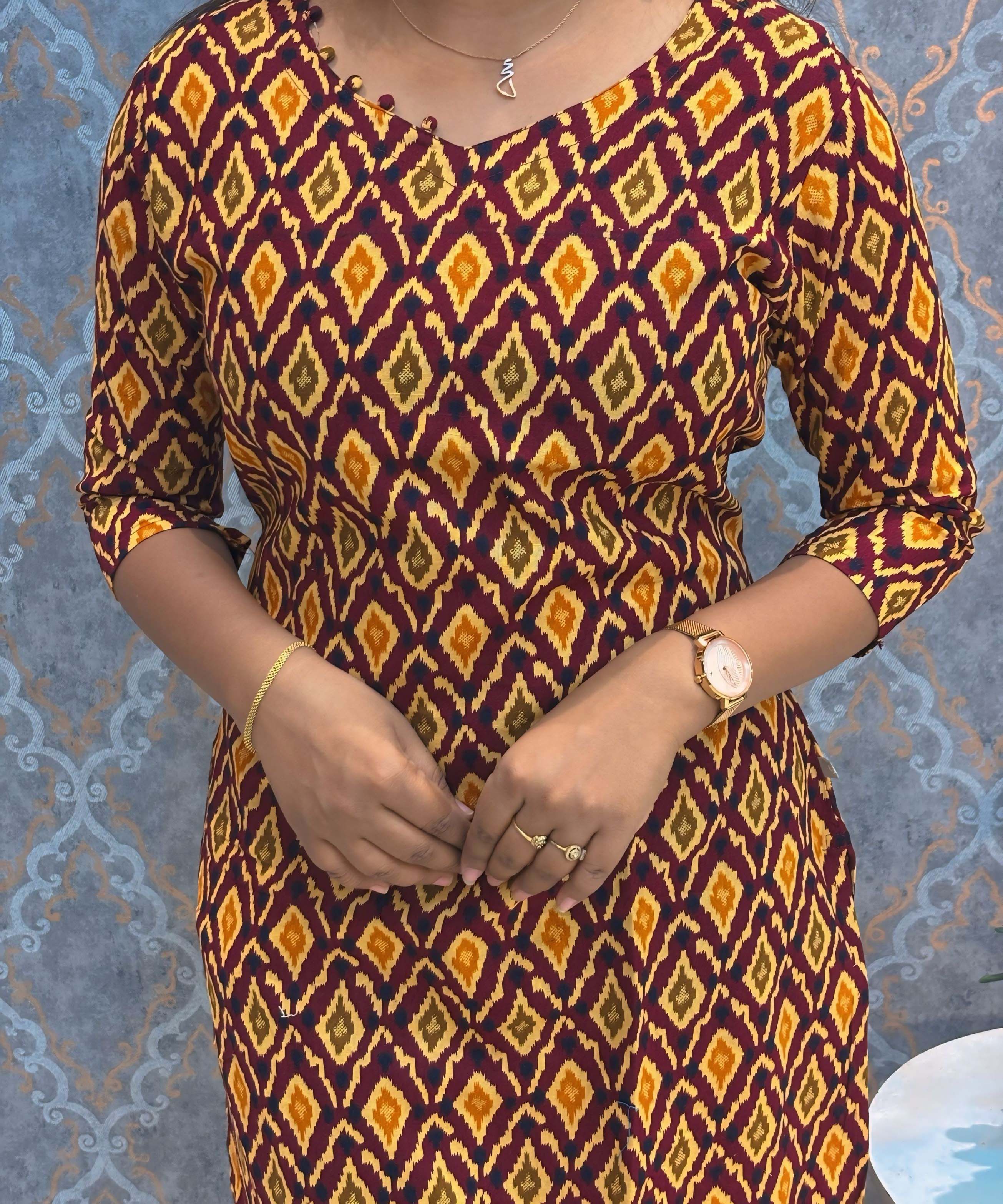 Yellow and Maroon Color V Neck Ikkat Print Flex Cotton Kurti with Pocket / LSS180