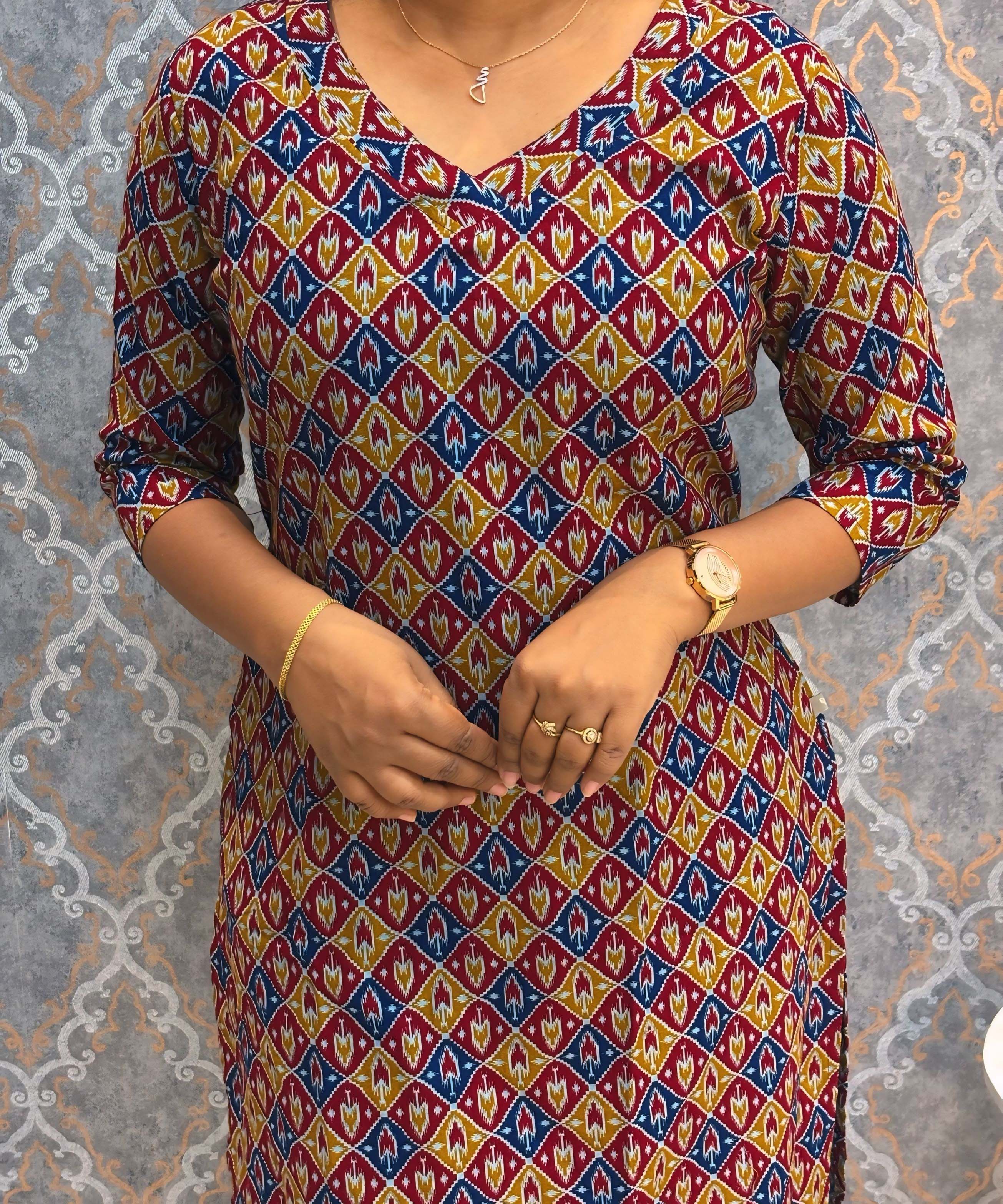 Red and Yellow Color V Neck Ikkat Print Flex Cotton Kurti with Pocket / LSS180