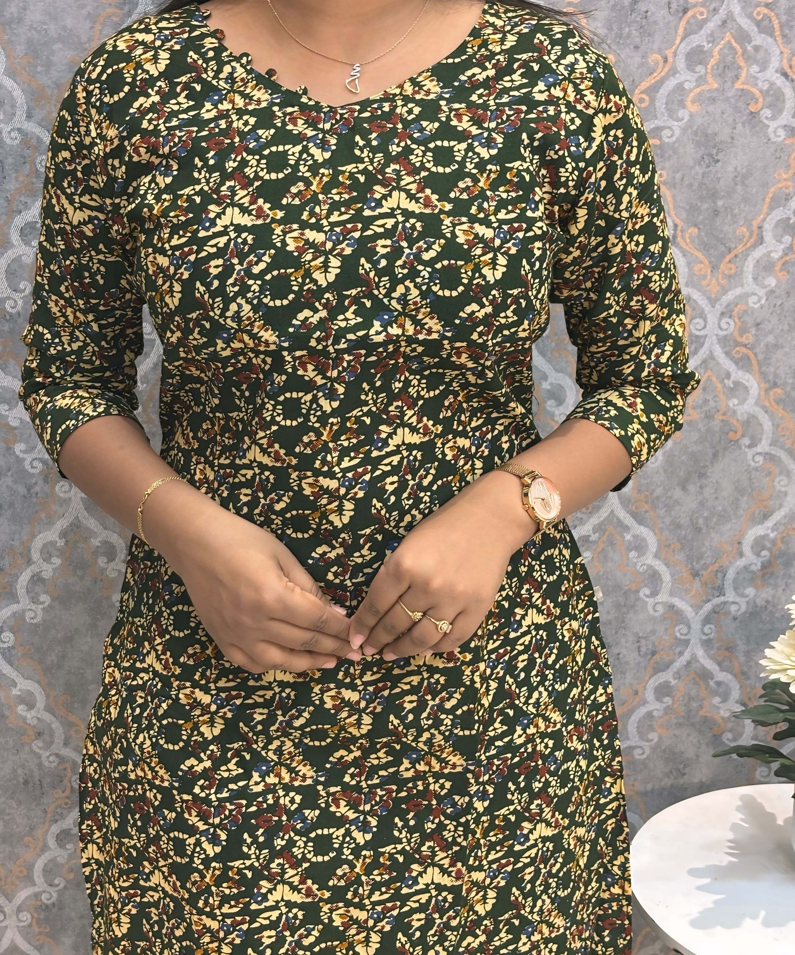 Dark Green Color V Neck Ikkat Print Flex Cotton Kurti with Pocket / LSS180
