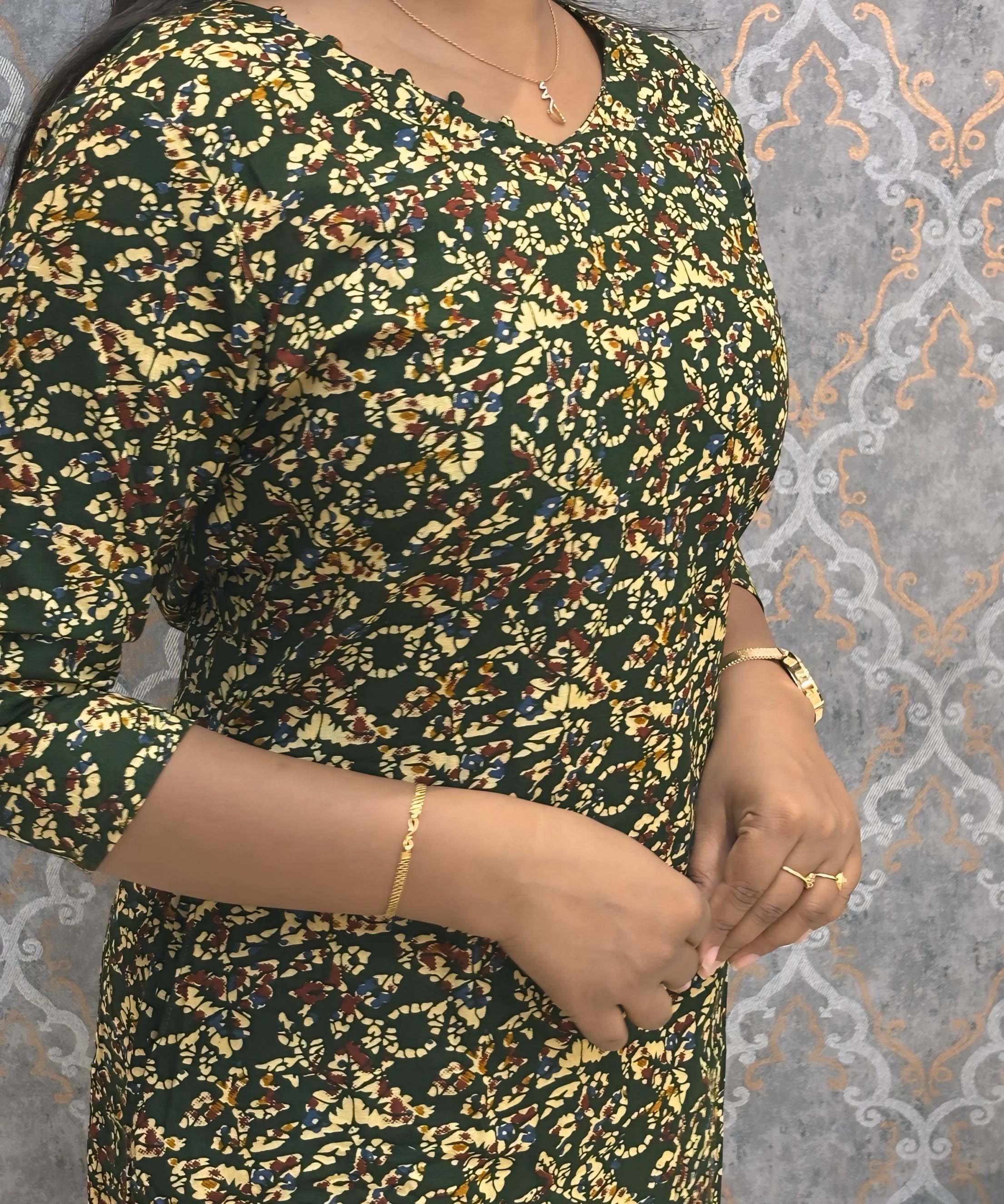 Dark Green Color V Neck Ikkat Print Flex Cotton Kurti with Pocket / LSS180