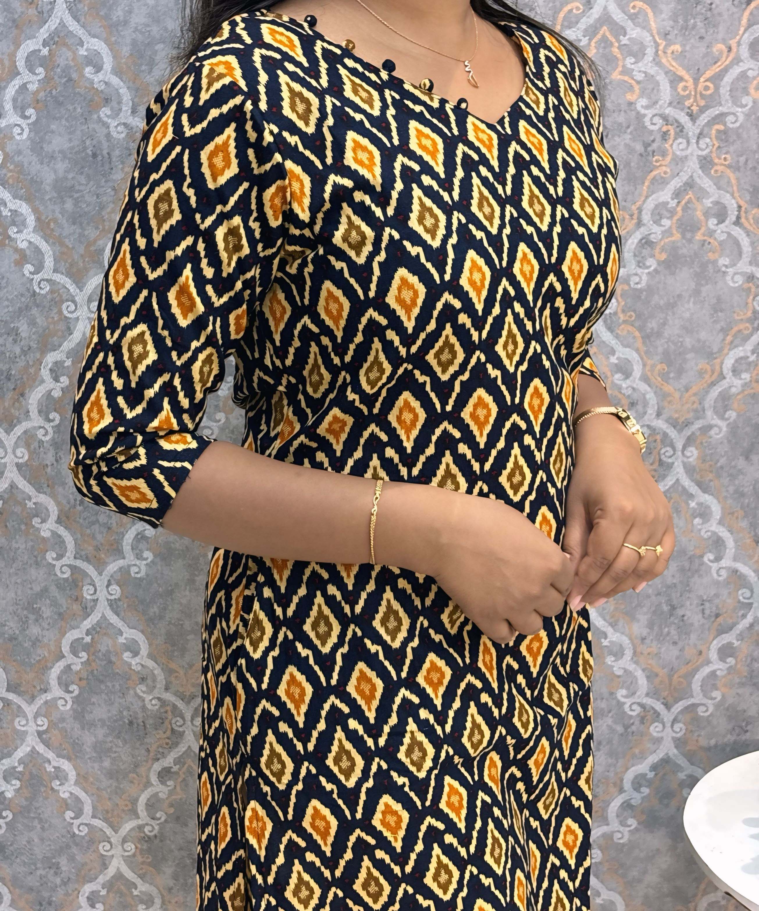 Black and Yellow Color Ikkat Print Flex Cotton Kurti with Pocket / LSS180