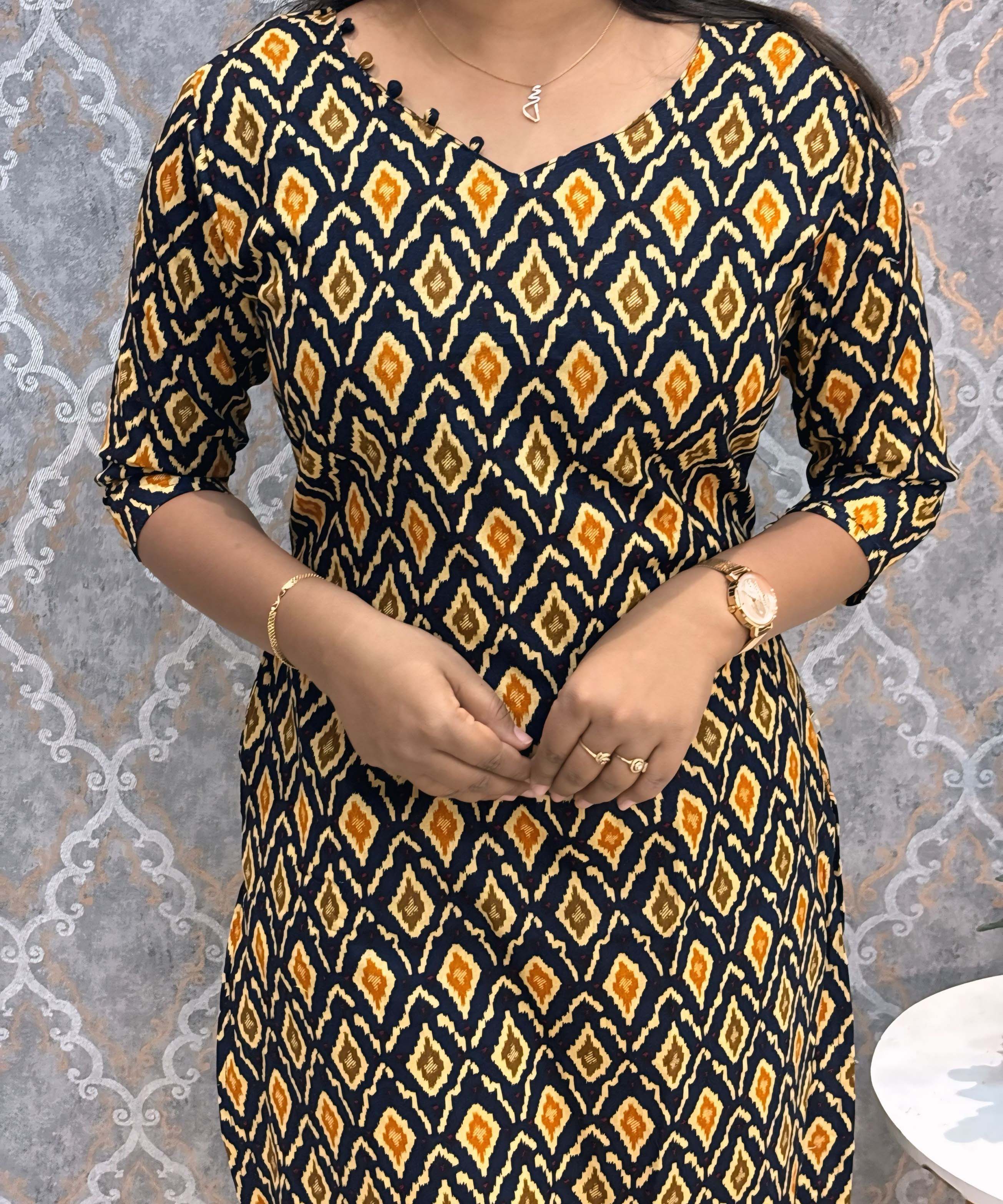 Black and Yellow Color Ikkat Print Flex Cotton Kurti with Pocket / LSS180