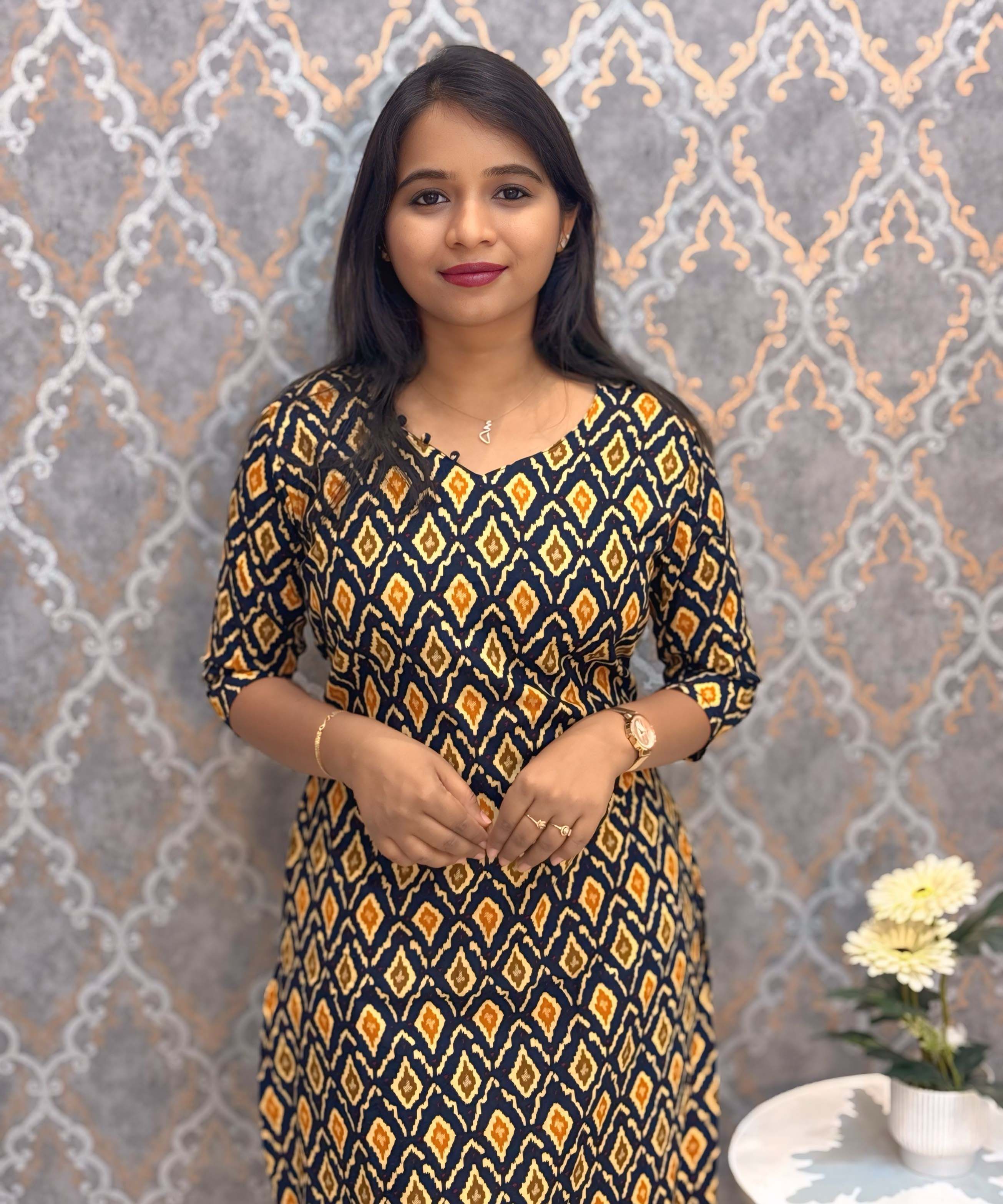 Black and Yellow Color Ikkat Print Flex Cotton Kurti with Pocket / LSS180