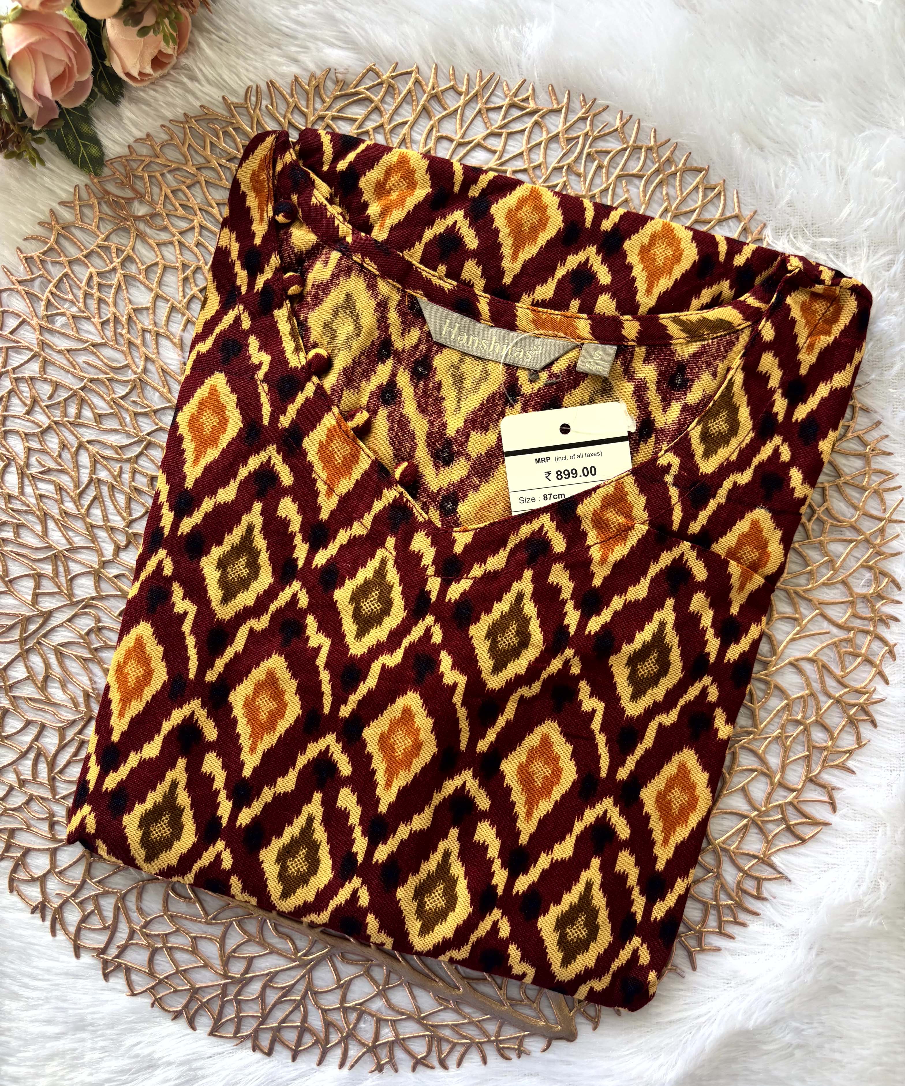 Yellow and Maroon Color V Neck Ikkat Print Flex Cotton Kurti with Pocket / LSS180