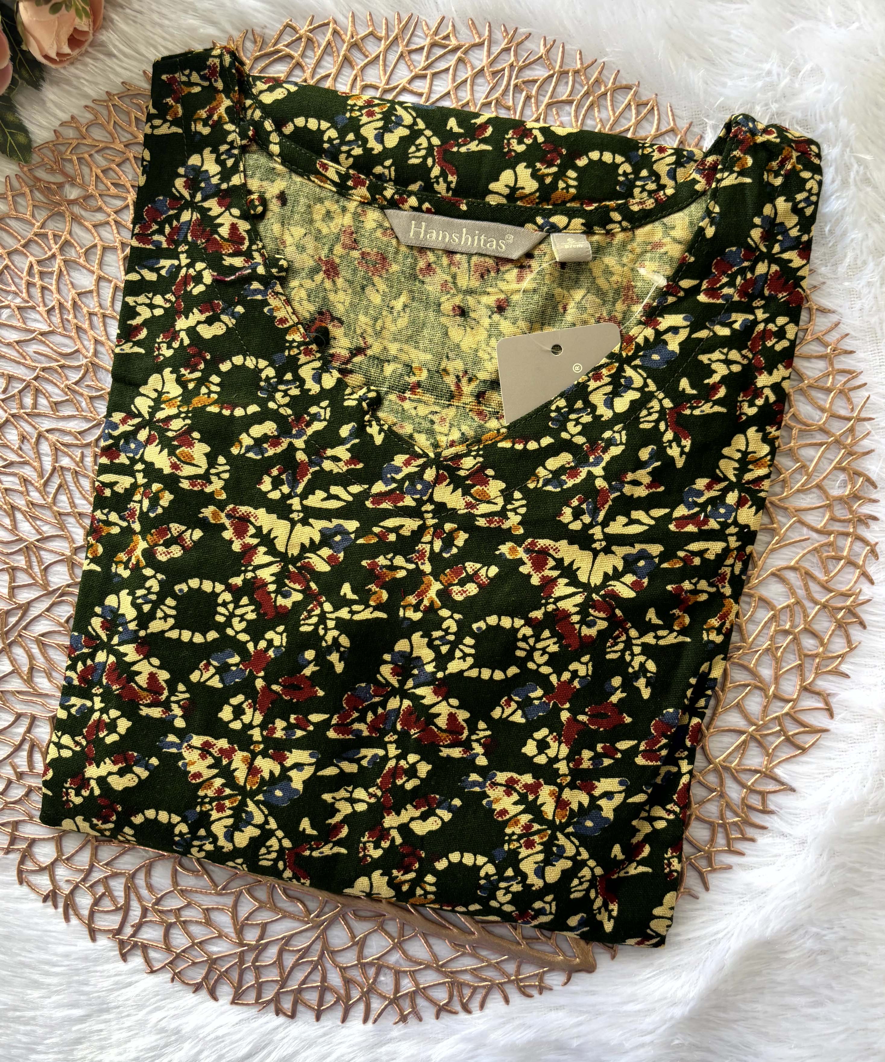 Dark Green Color V Neck Ikkat Print Flex Cotton Kurti with Pocket / LSS180