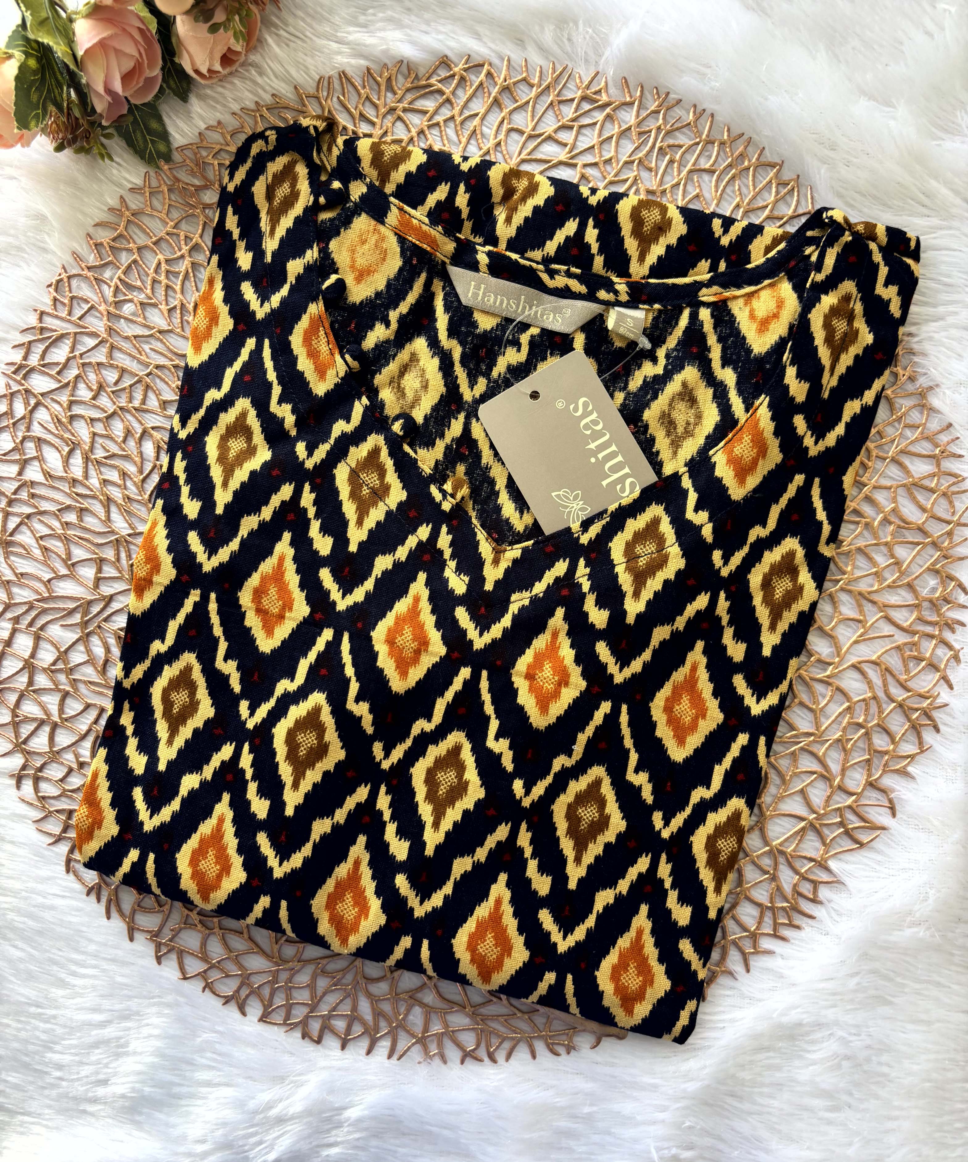 Black and Yellow Color Ikkat Print Flex Cotton Kurti with Pocket / LSS180