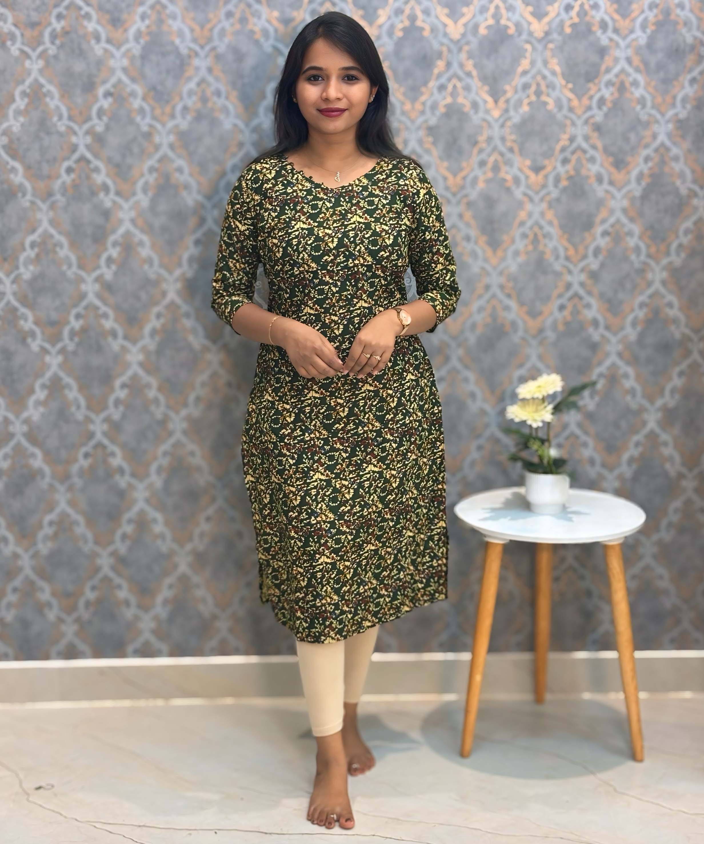 Dark Green Color V Neck Ikkat Print Flex Cotton Kurti with Pocket / LSS180