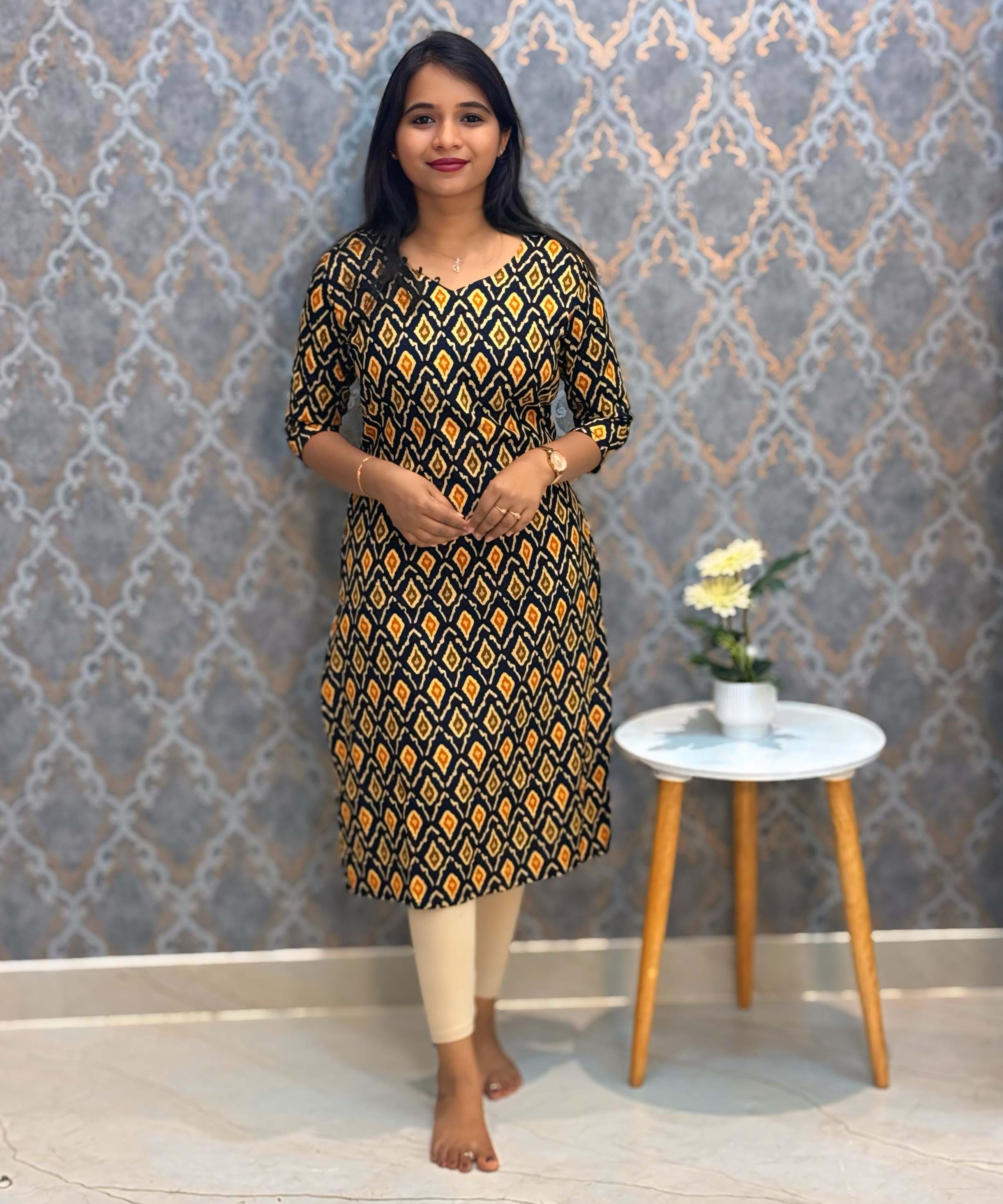 Black and Yellow Color Ikkat Print Flex Cotton Kurti with Pocket / LSS180