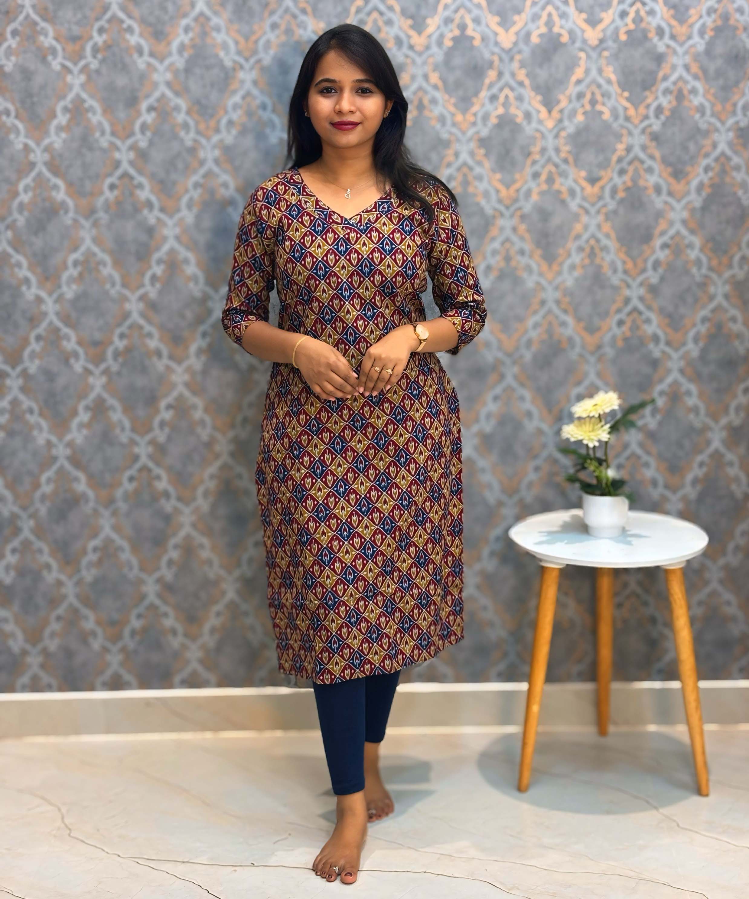 Red and Yellow Color V Neck Ikkat Print Flex Cotton Kurti with Pocket / LSS180
