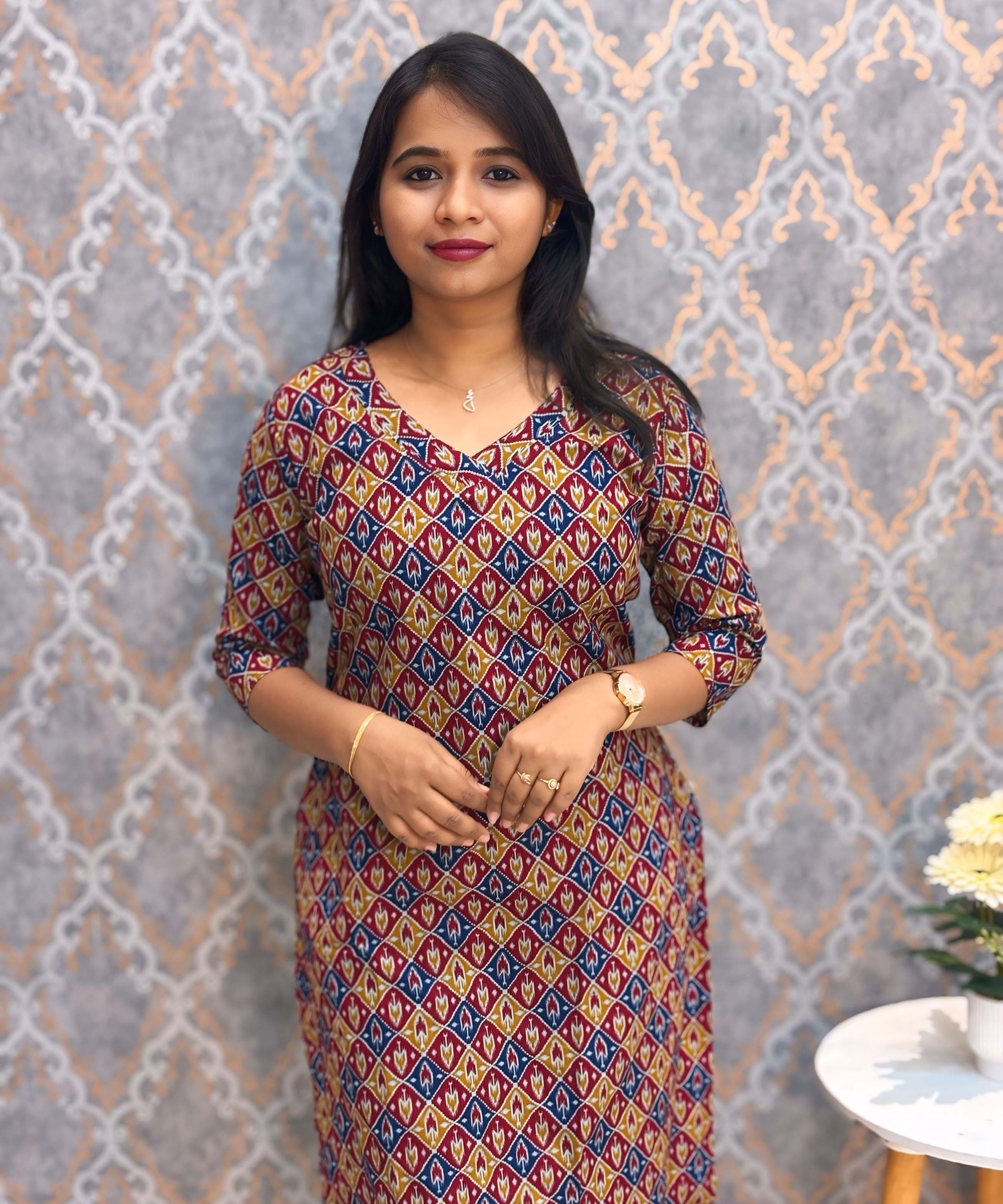 Red and Yellow Color V Neck Ikkat Print Flex Cotton Kurti with Pocket / LSS180