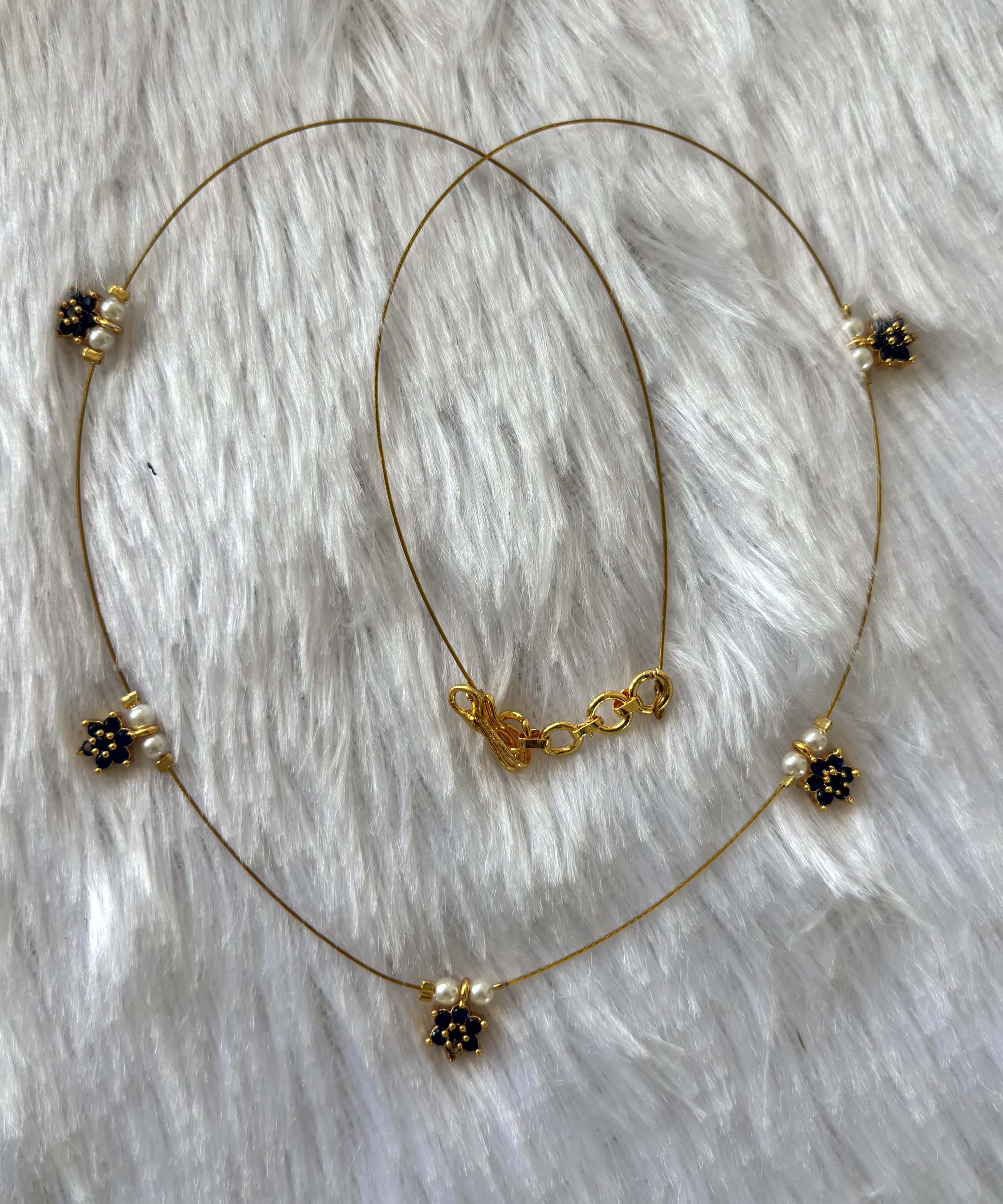 Delicate Floral Beads Invisible Chain Necklace with Black Stone