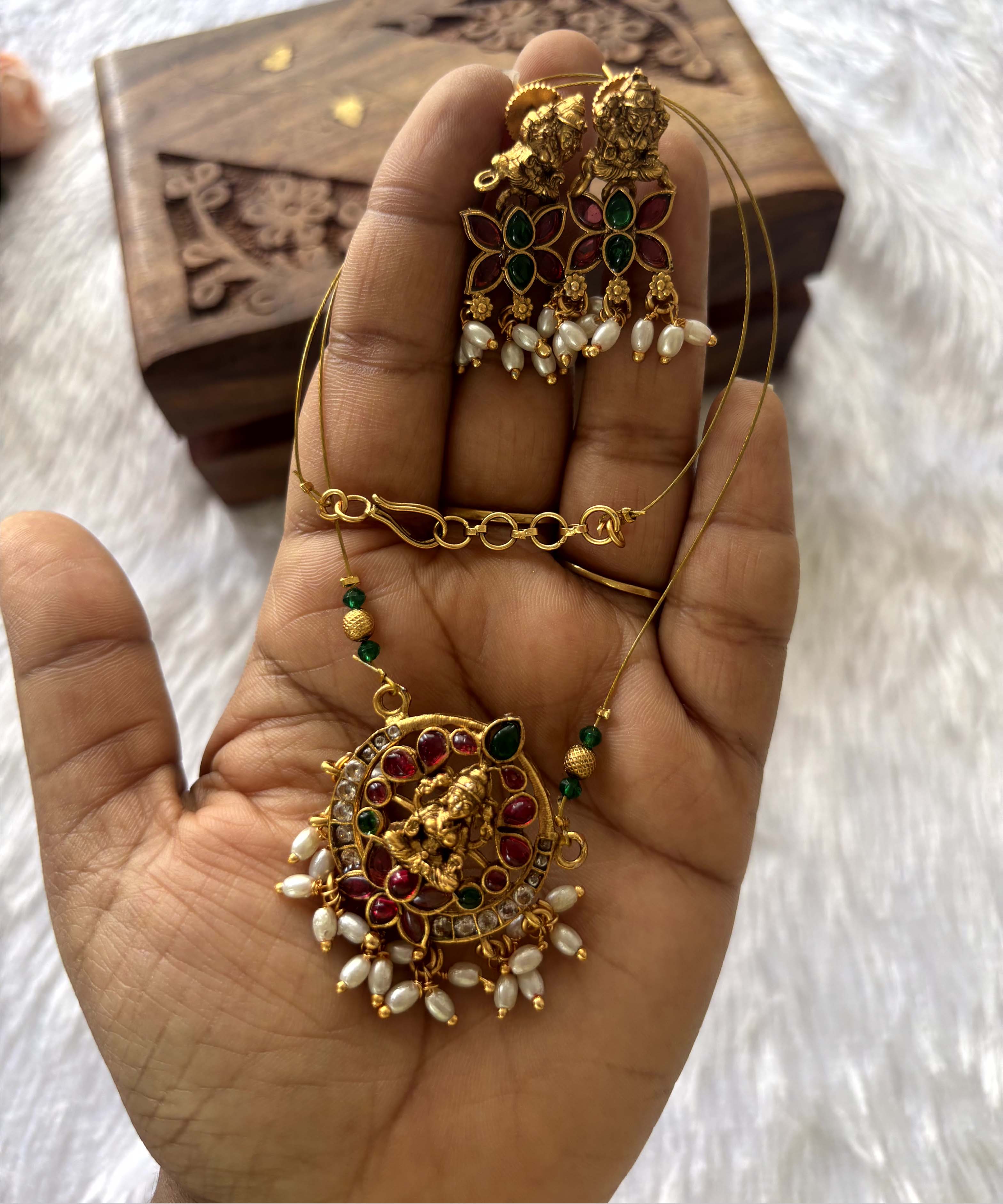 Lakshmi Round Pendant Invisible Chain Necklace Set – Pearl Drops & Multicolor Stones (Imitation Jewellery) -JIN012
