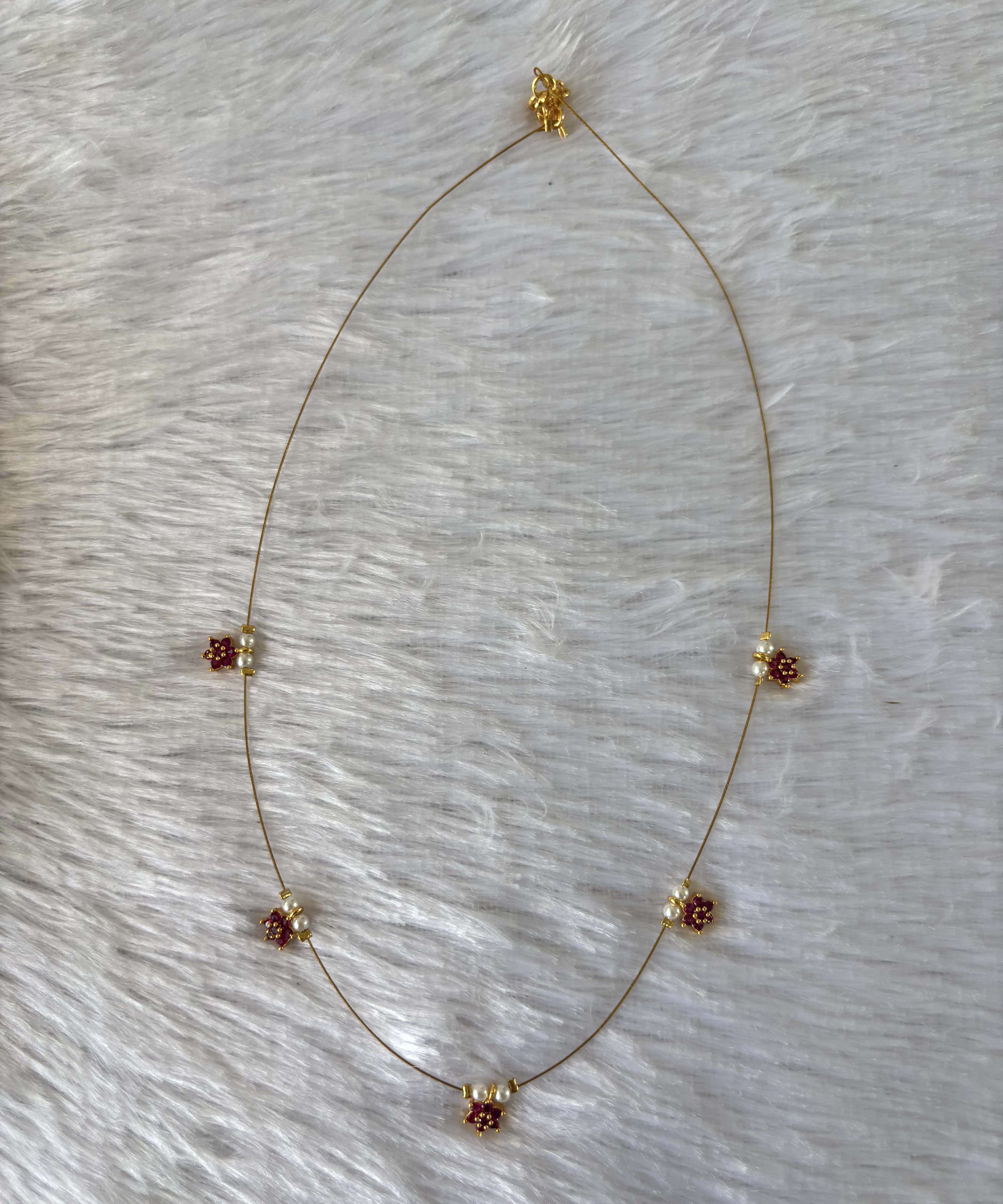 Delicate Floral Beads Invisible Chain Necklace with Pink Stone– Imitation Jewellery -JIN004