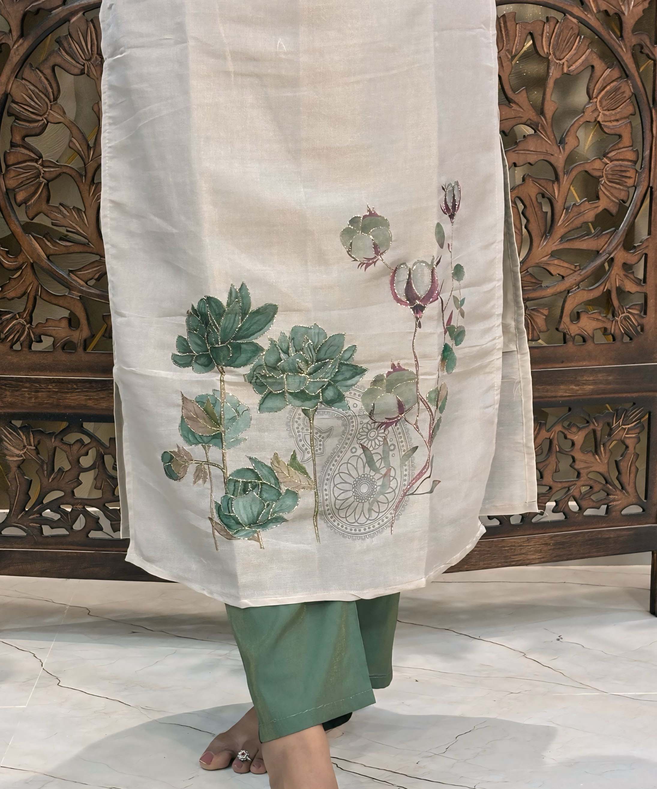 Lite Gray with Beige and Green Color Premium Aari work 3 Piece Salwar Set / ESS345
