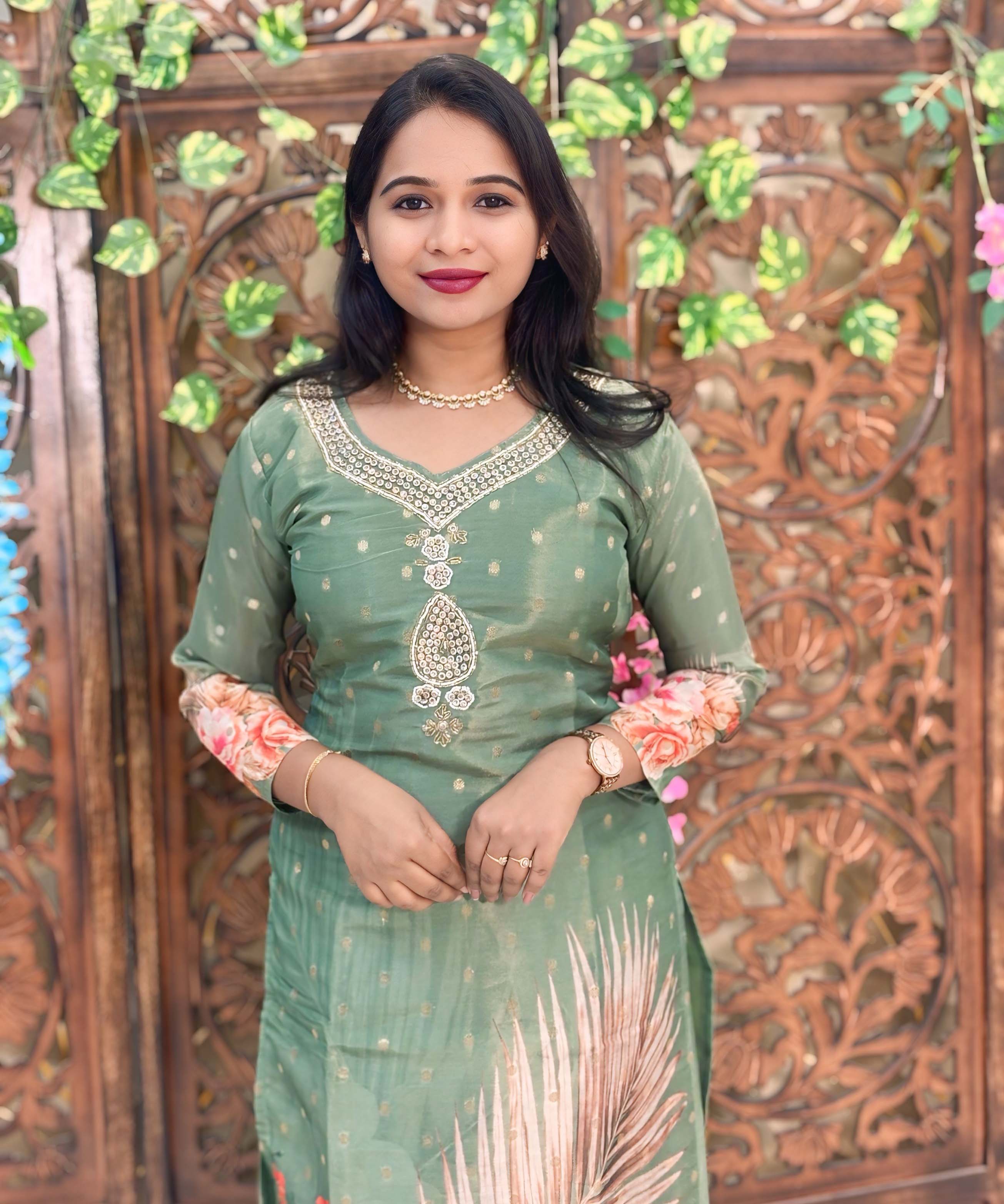 Lite Green Color Premium Aari work Designer 3 Piece Salwar Set / ESS362