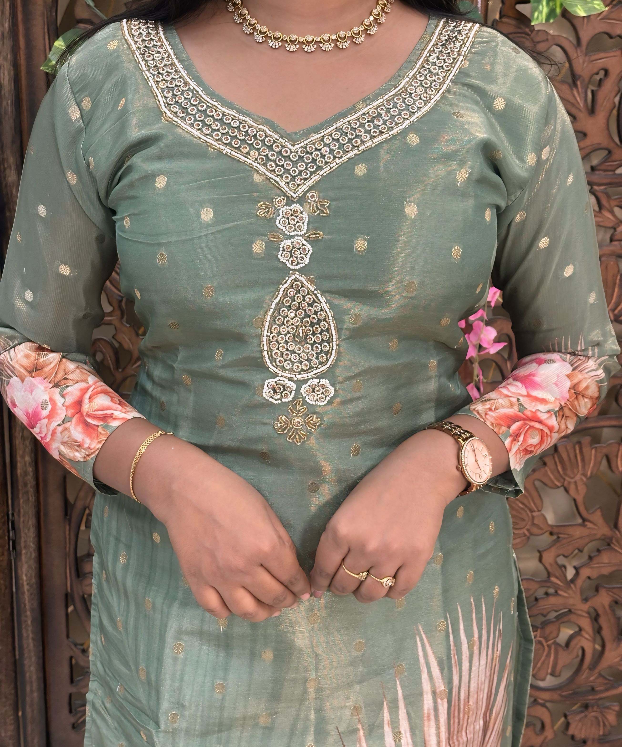 Lite Green Color Premium Aari work Designer 3 Piece Salwar Set / ESS362