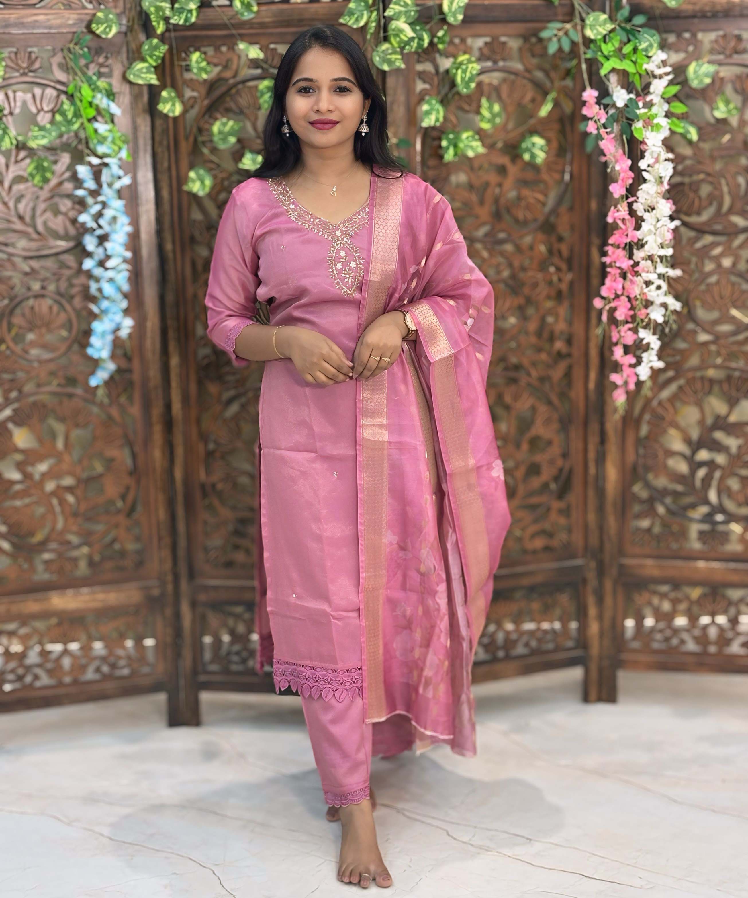 Lite Pink Color Designer Premium 3 Piece Salwar Set with Organza Dupatta / ESS350
