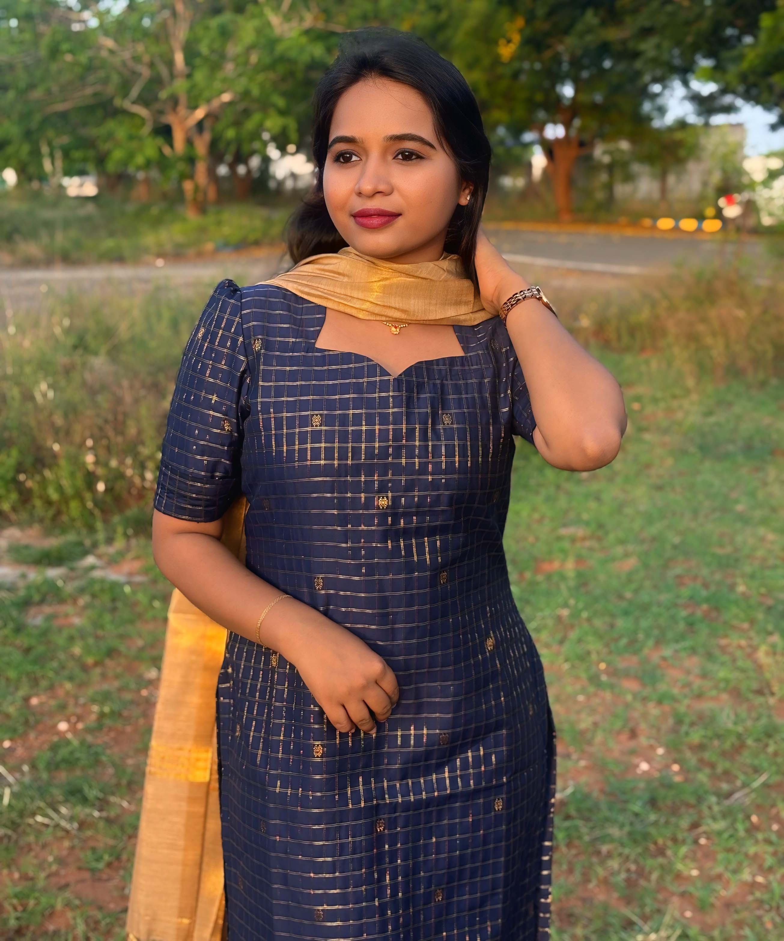 Navy Blue and Golden Color Premium Handloom Raw Silk Kurti and Dupatta / PC002