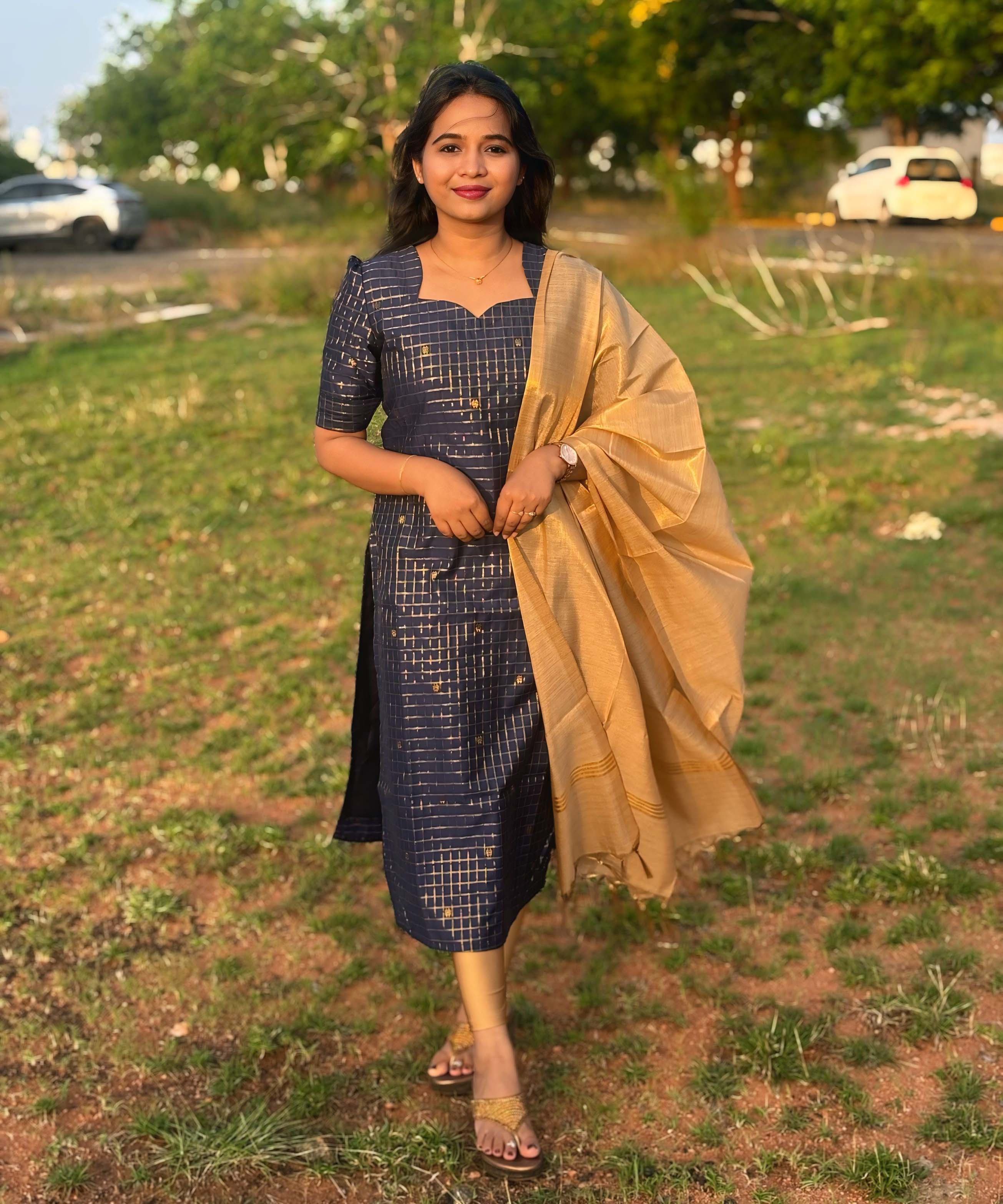 Navy Blue and Golden Color Premium Handloom Raw Silk Kurti and Dupatta / PC002