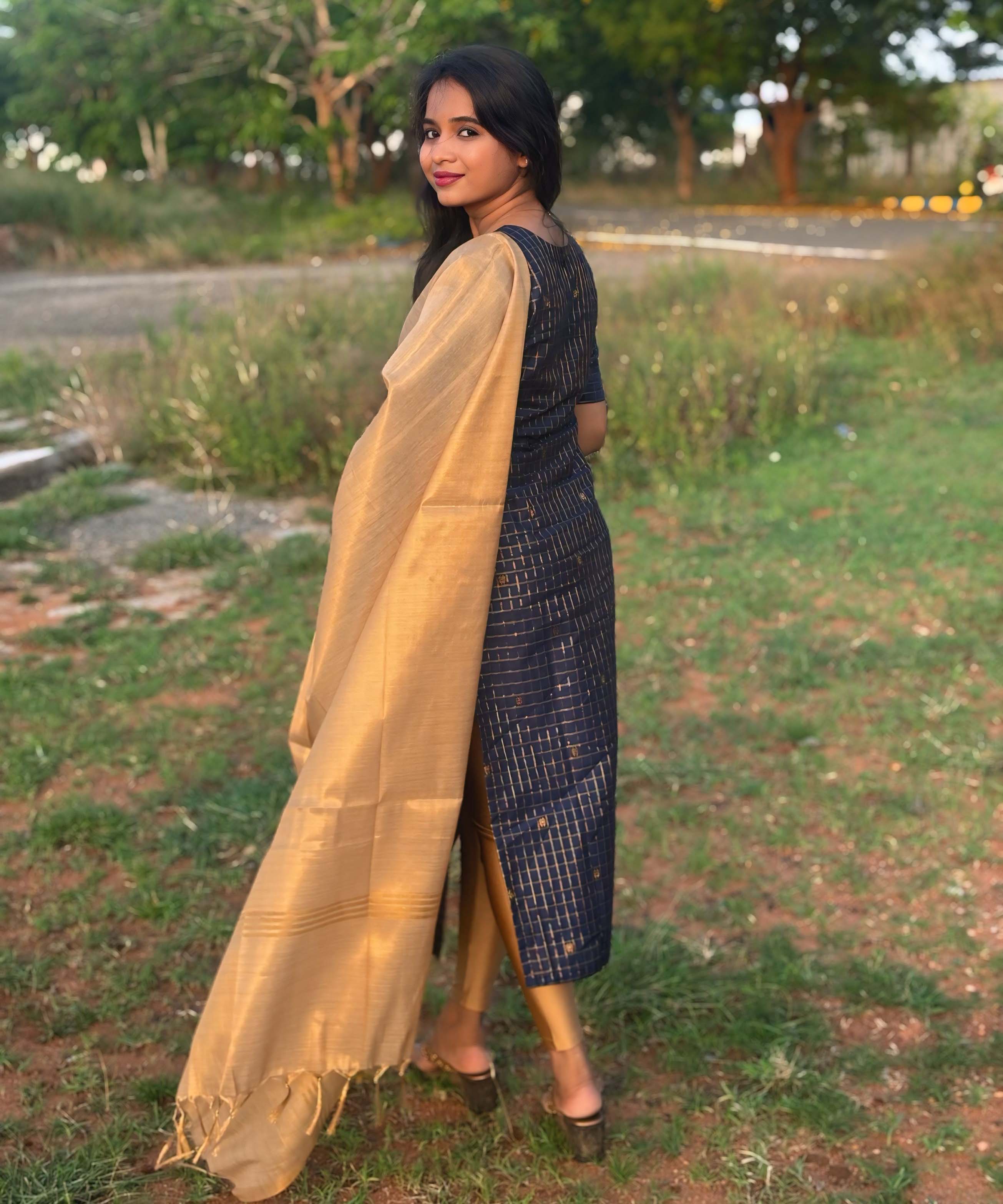 Navy Blue and Golden Color Premium Handloom Raw Silk Kurti and Dupatta / PC002