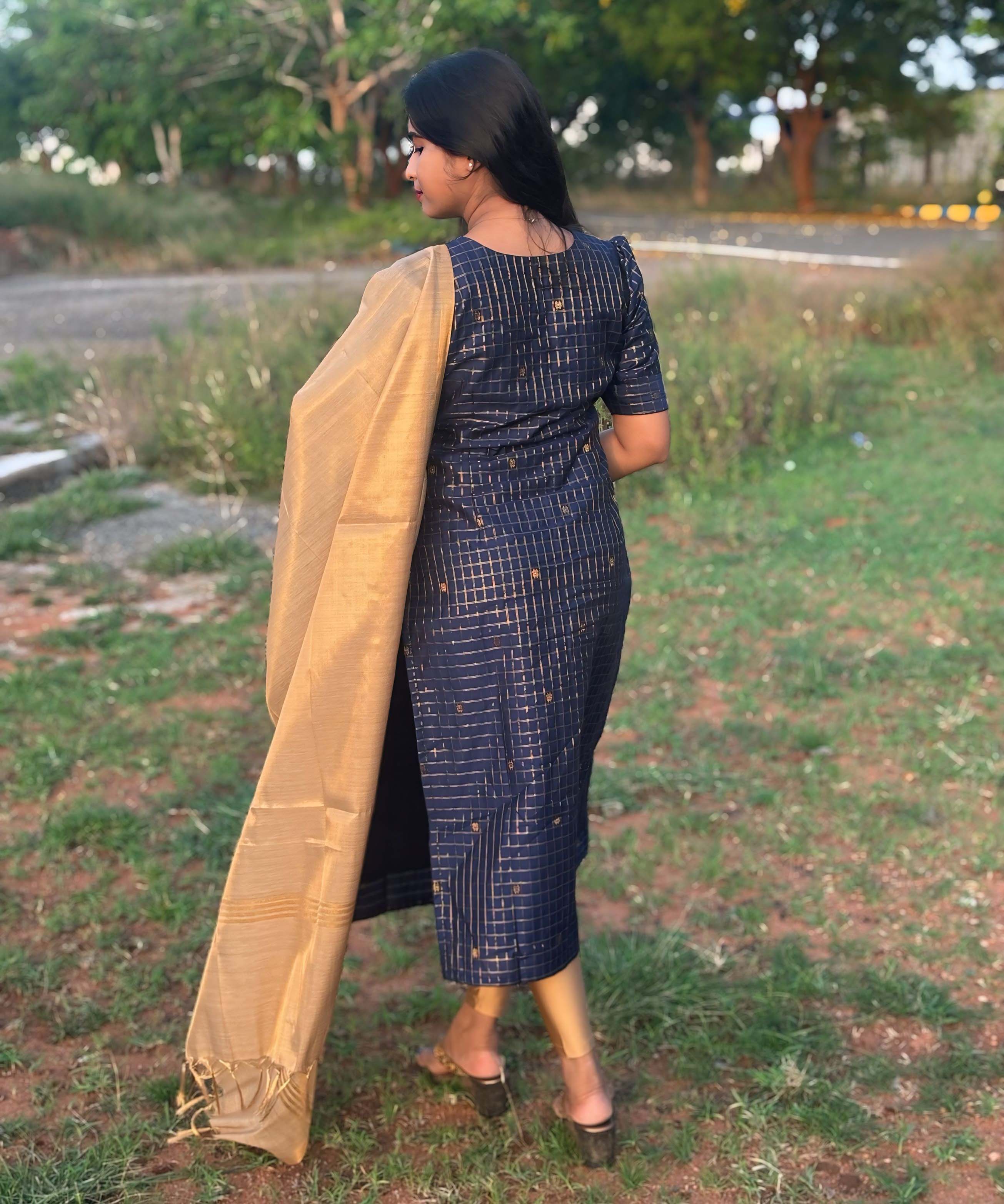 Navy Blue and Golden Color Premium Handloom Raw Silk Kurti and Dupatta / PC002