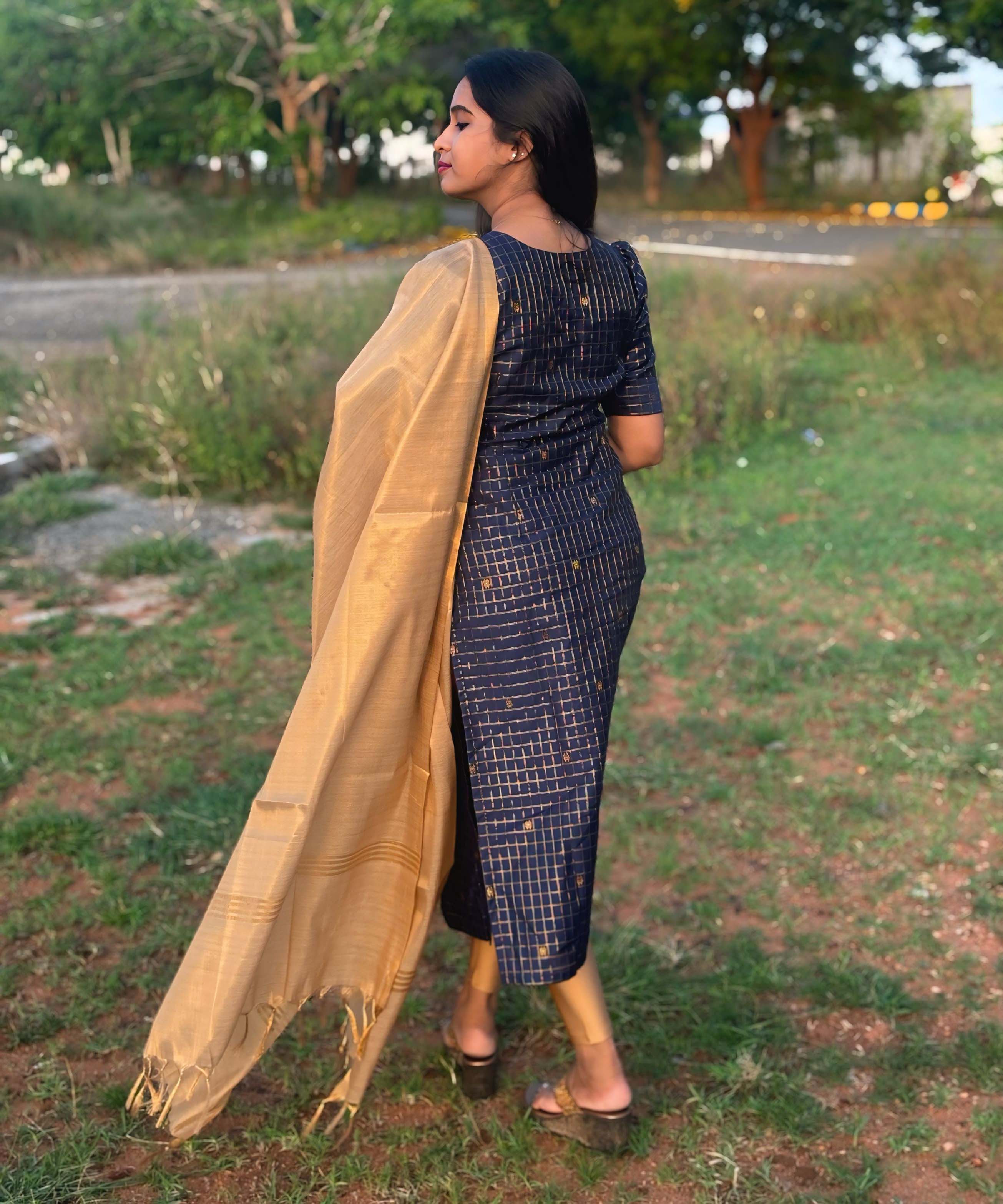 Navy Blue and Golden Color Premium Handloom Raw Silk Kurti and Dupatta / PC002