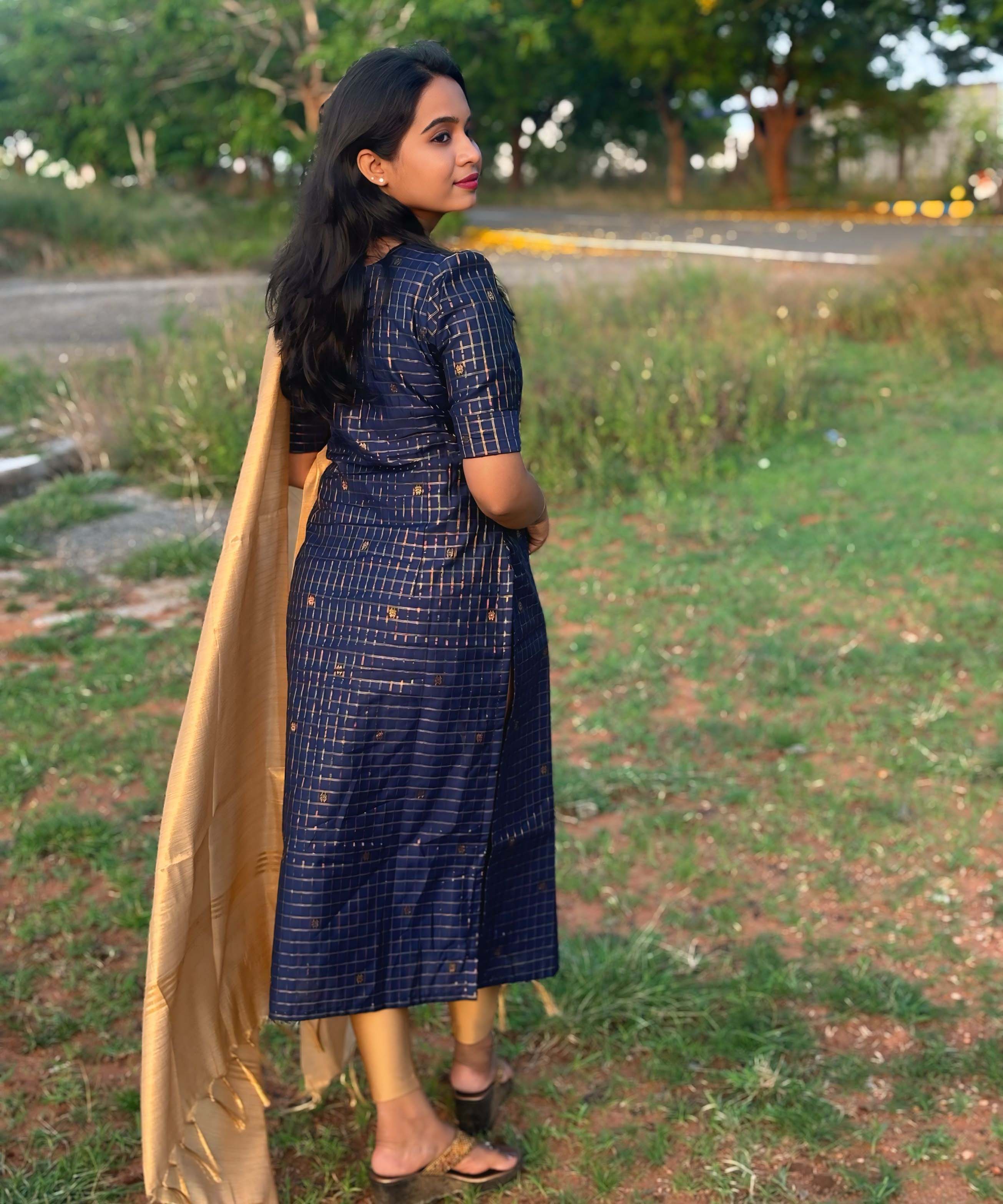 Navy Blue and Golden Color Premium Handloom Raw Silk Kurti and Dupatta / PC002