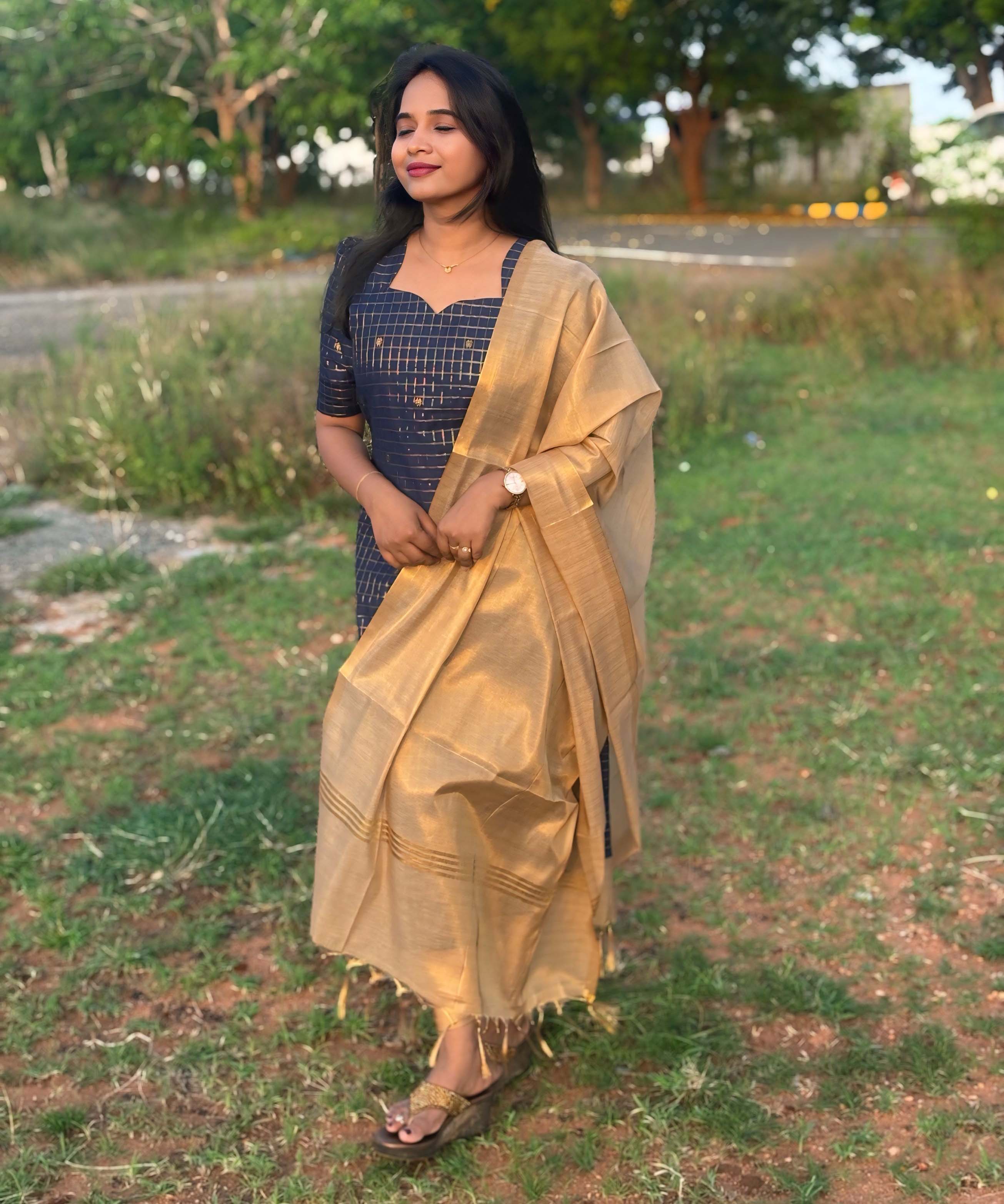 Navy Blue and Golden Color Premium Handloom Raw Silk Kurti and Dupatta / PC002