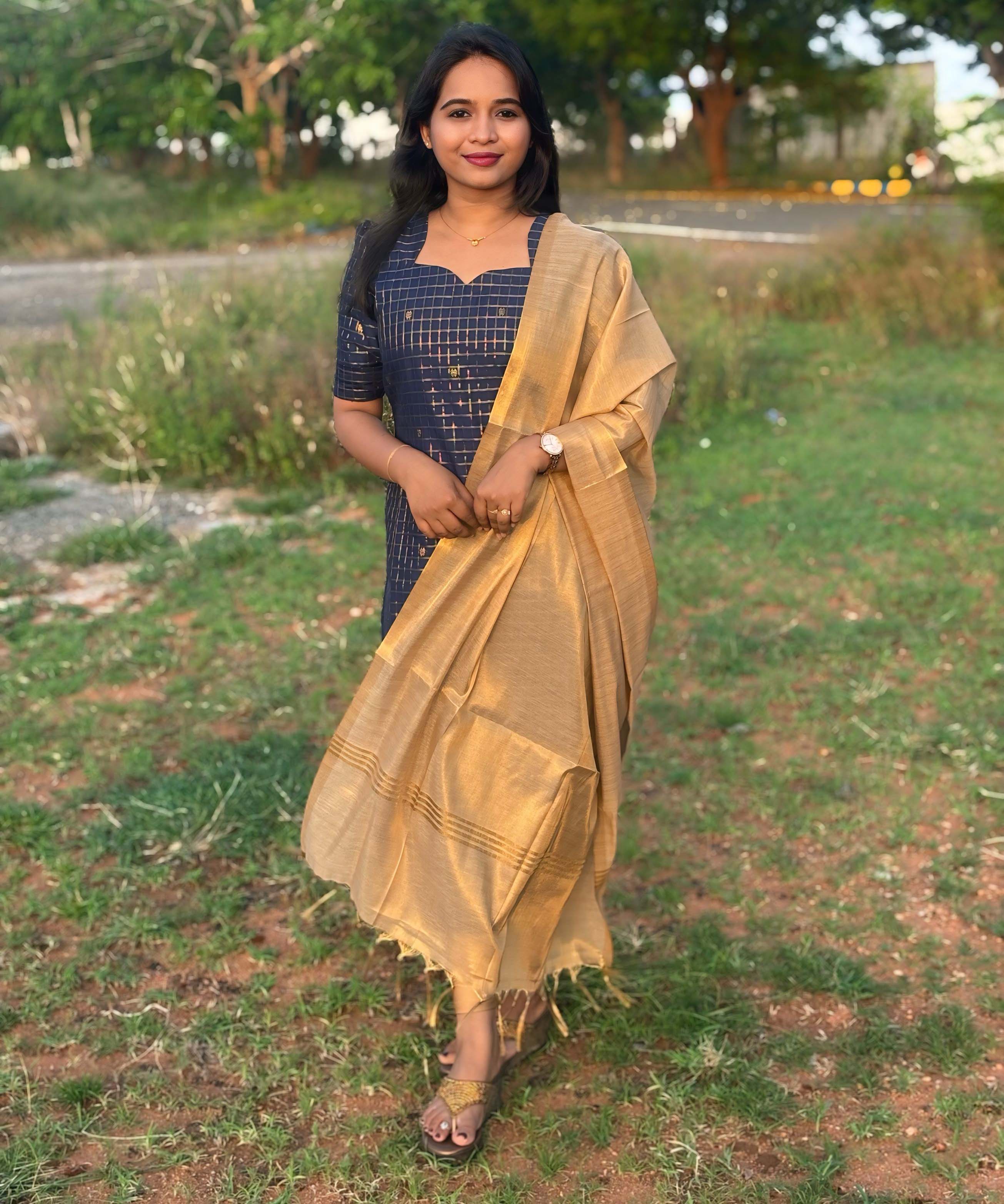 Navy Blue and Golden Color Premium Handloom Raw Silk Kurti and Dupatta / PC002