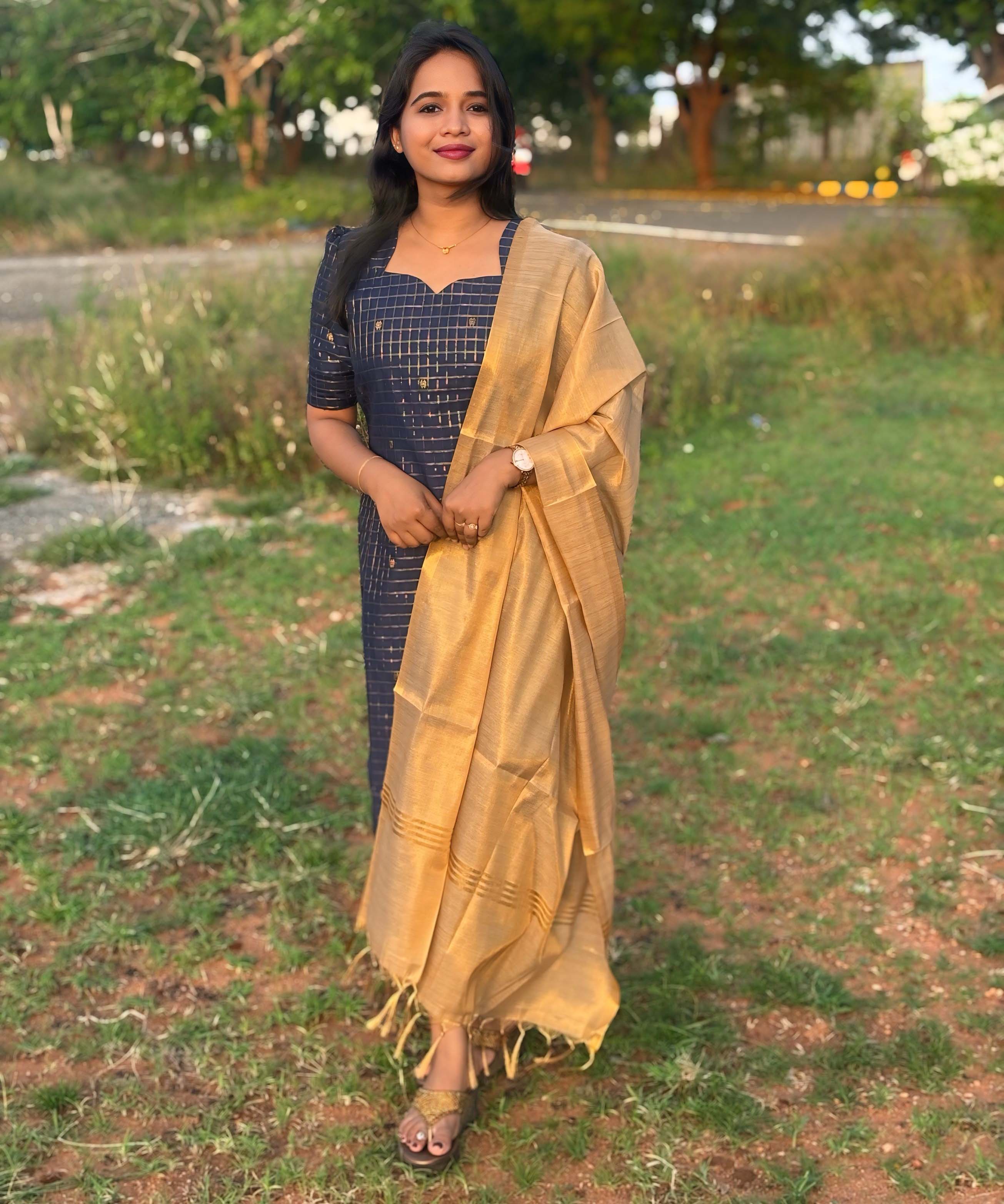 Navy Blue and Golden Color Premium Handloom Raw Silk Kurti and Dupatta / PC002
