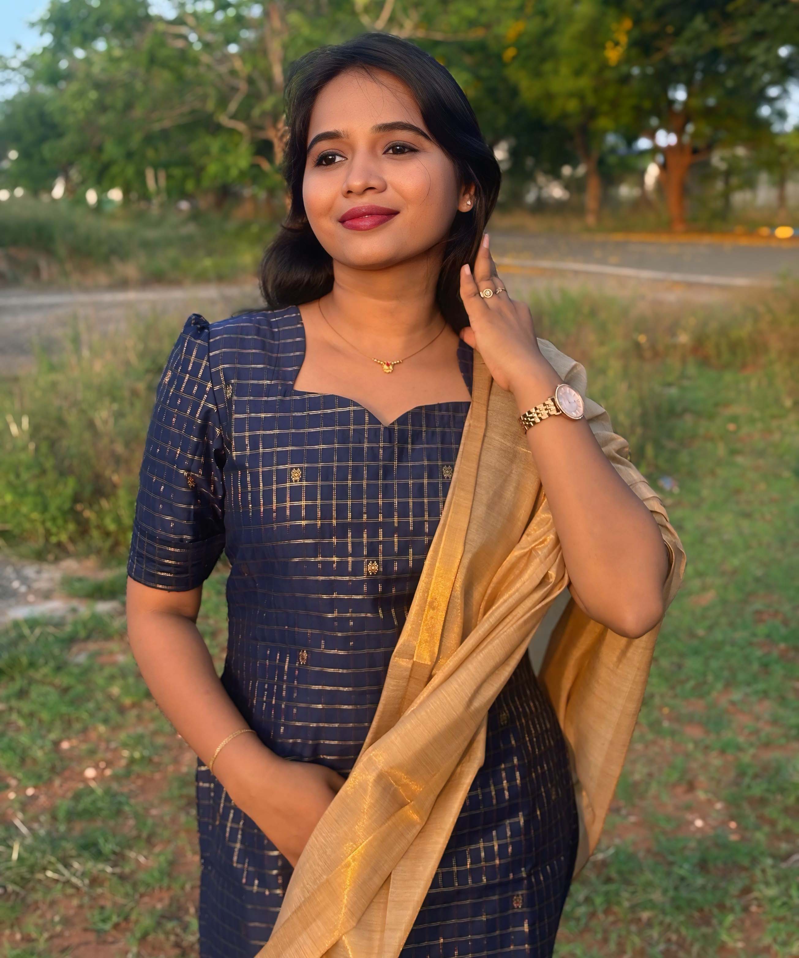 Navy Blue and Golden Color Premium Handloom Raw Silk Kurti and Dupatta / PC002