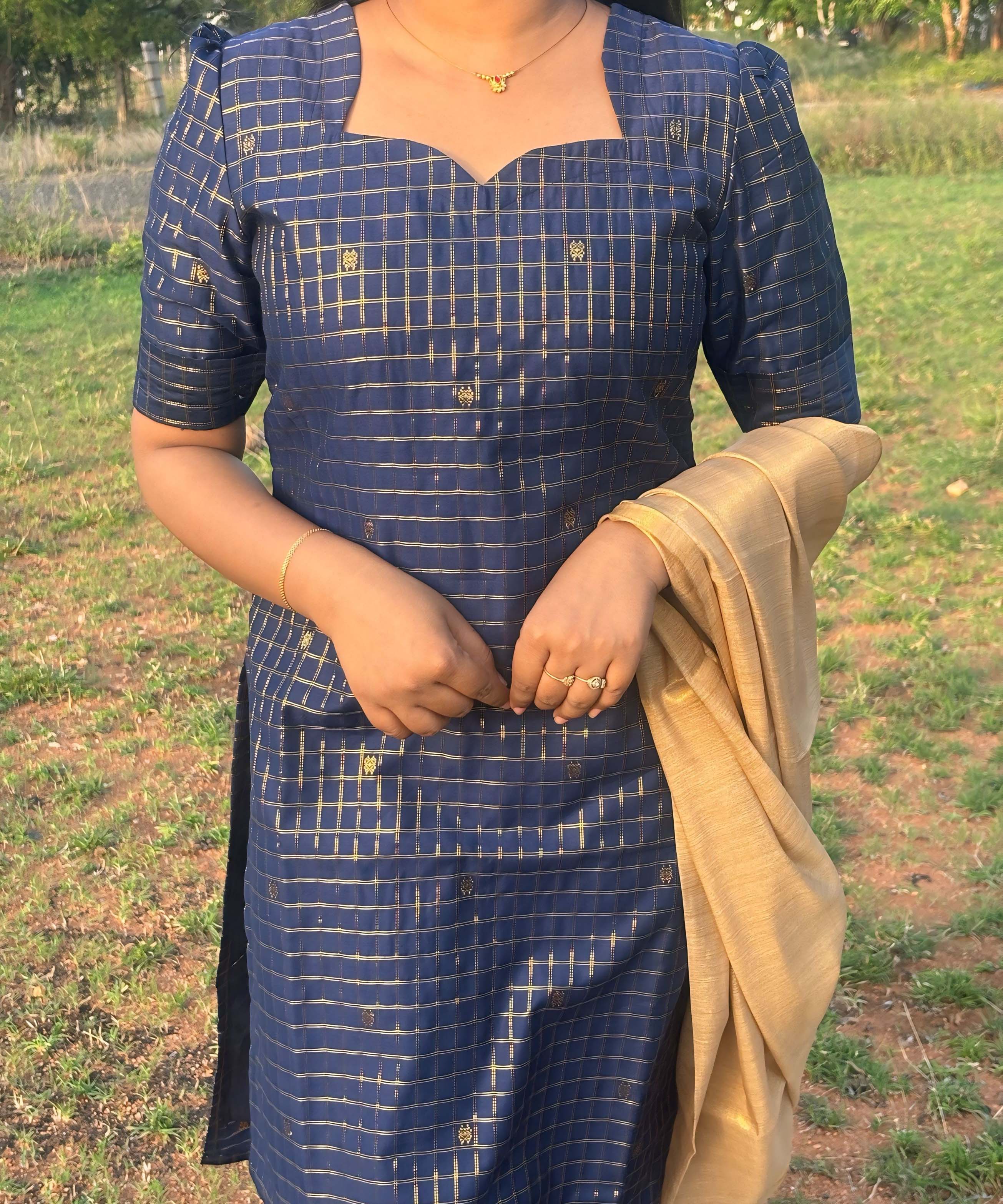 Navy Blue and Golden Color Premium Handloom Raw Silk Kurti and Dupatta / PC002