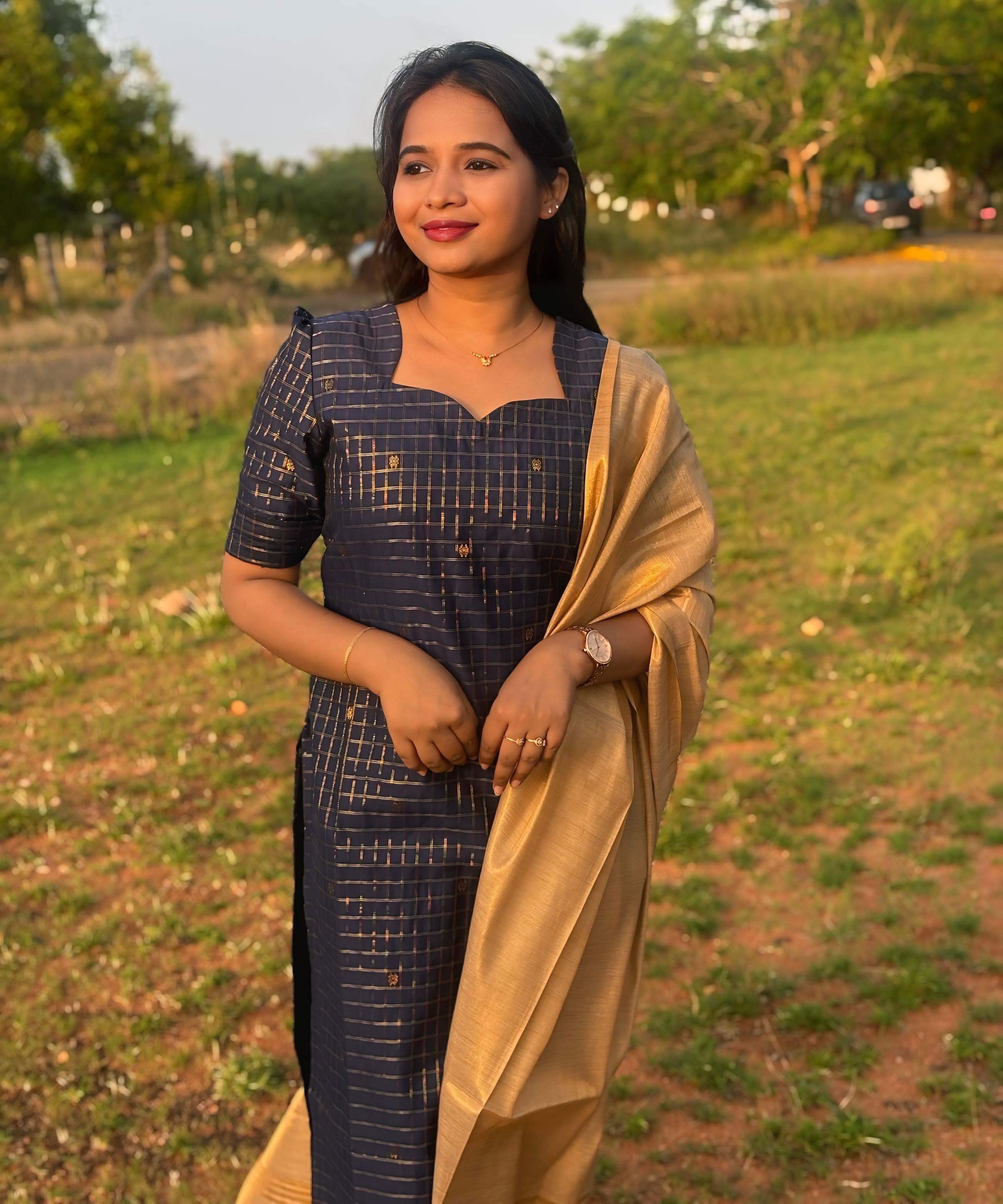 Navy Blue and Golden Color Premium Handloom Raw Silk Kurti and Dupatta / PC002