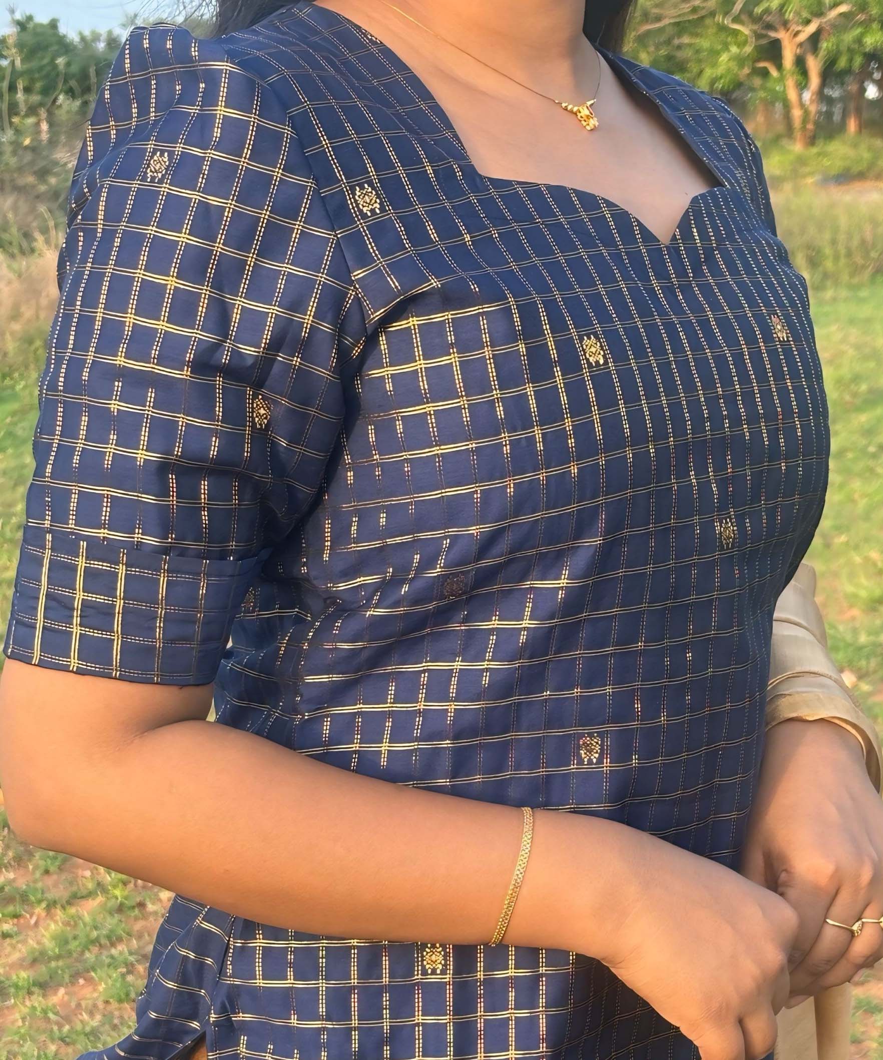 Navy Blue and Golden Color Premium Handloom Raw Silk Kurti and Dupatta / PC002
