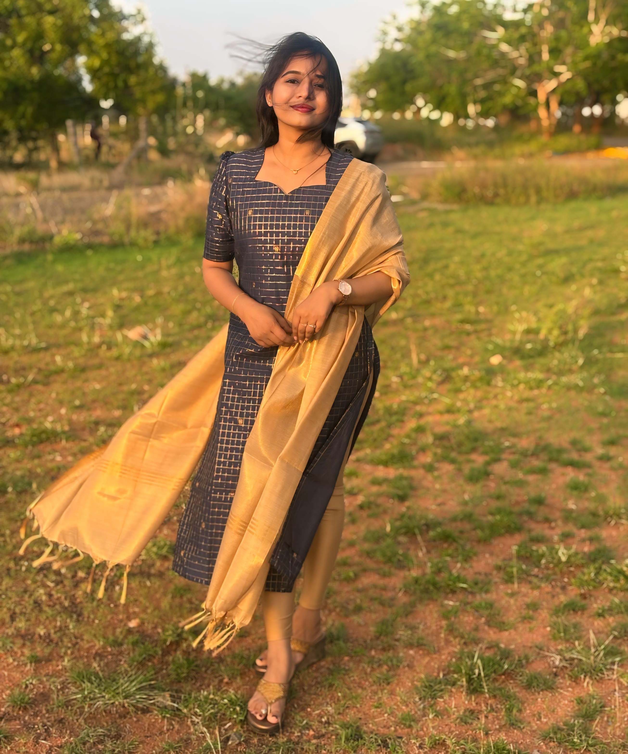 Navy Blue and Golden Color Premium Handloom Raw Silk Kurti and Dupatta / PC002