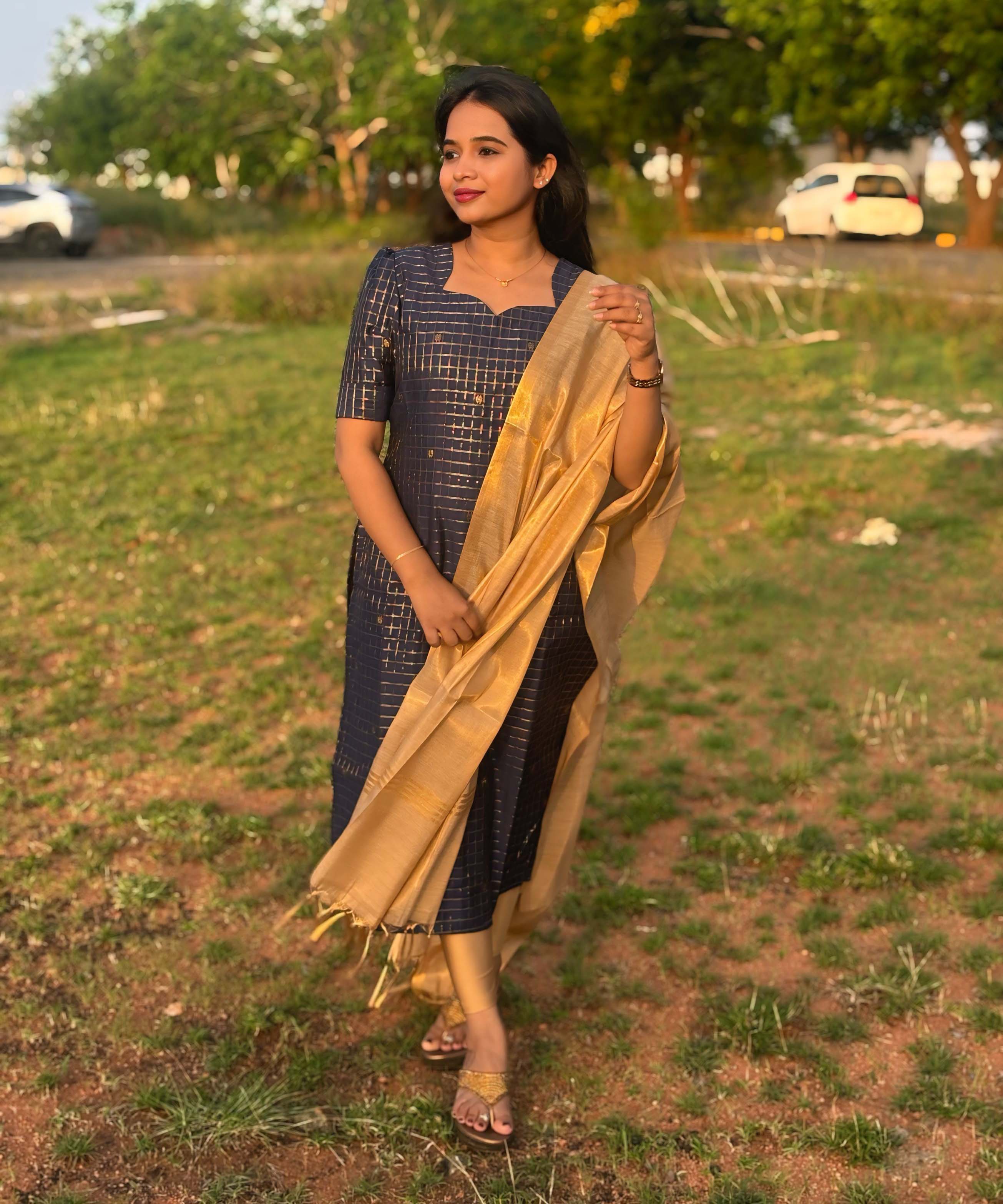 Navy Blue and Golden Color Premium Handloom Raw Silk Kurti and Dupatta / PC002