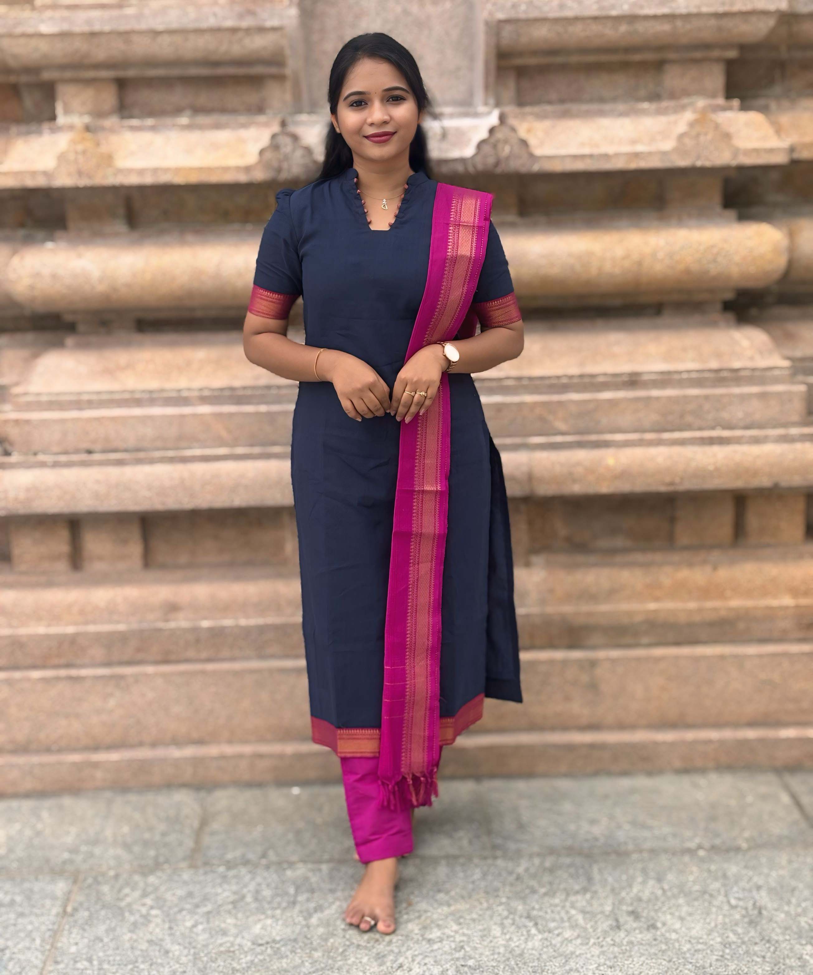 Navy Blue and Pink Color Premium Handloom Mangalagiri Cotton Salwar Set with Pocket / PC004