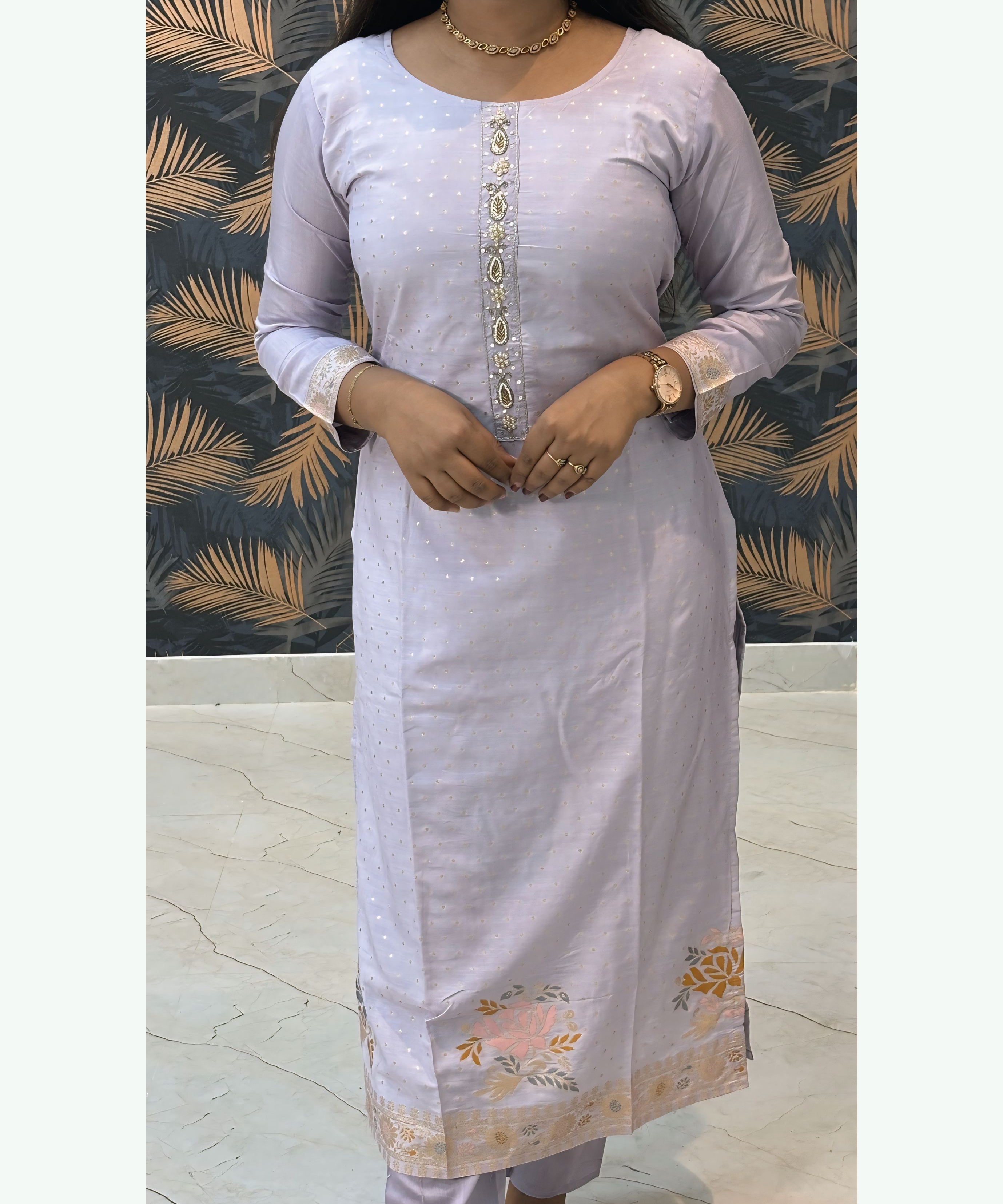 Pastel Lavender Color Premium Silk Cotton Salwar Set with Banarasi Dupatta / ESS285