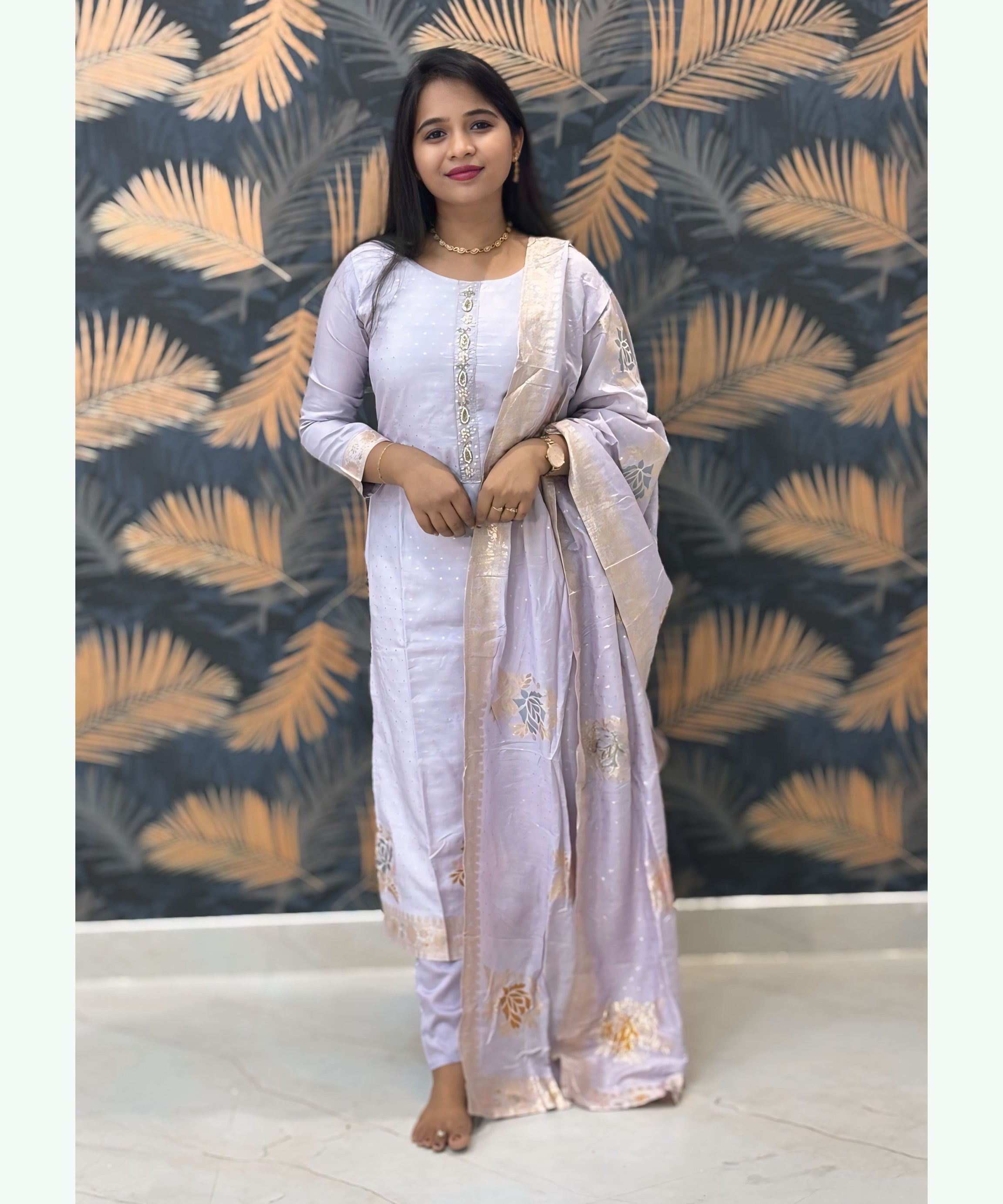Pastel Lavender Color Premium Silk Cotton Salwar Set with Banarasi Dupatta / ESS285