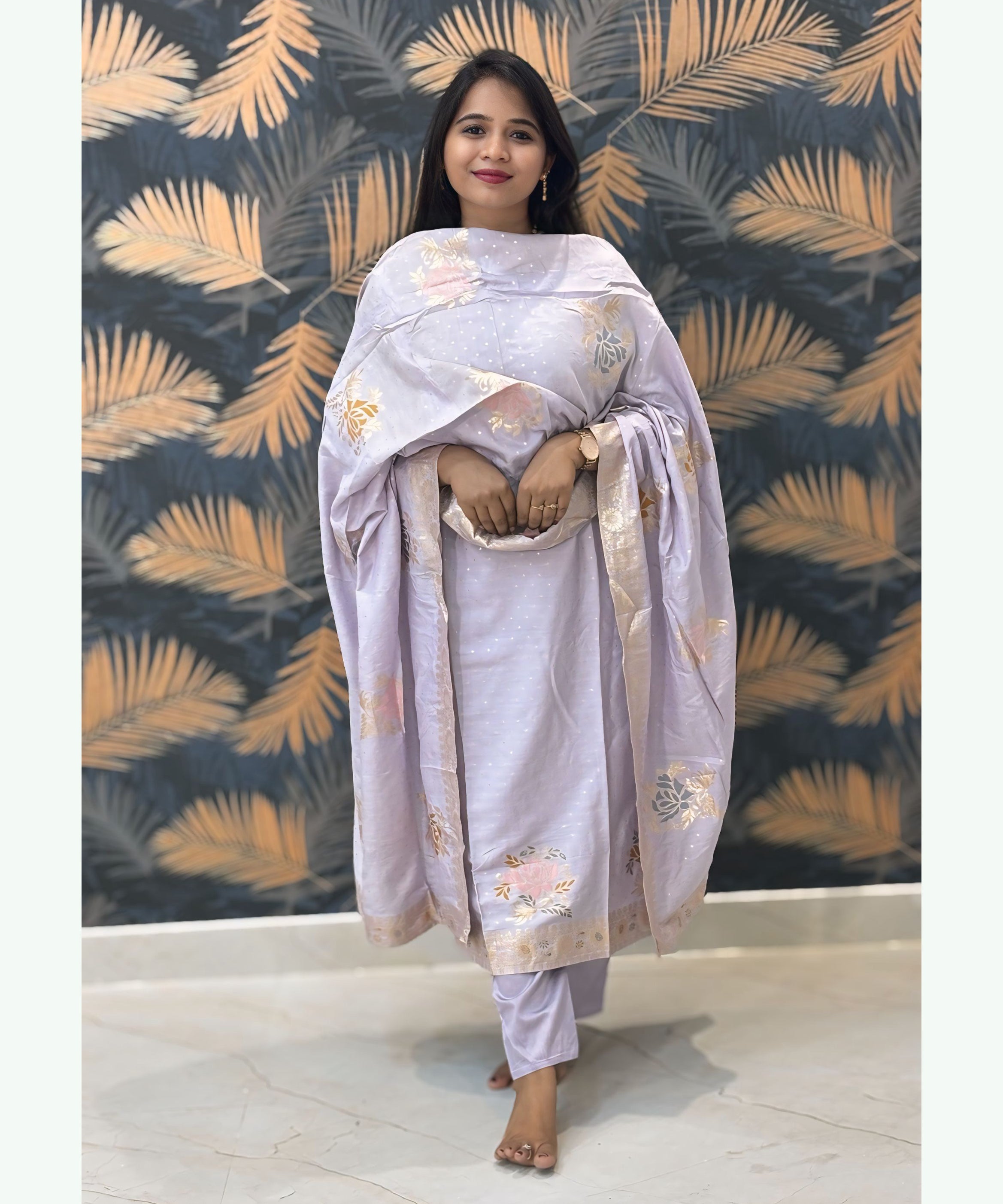 Pastel Lavender Color Premium Silk Cotton Salwar Set with Banarasi Dupatta / ESS285