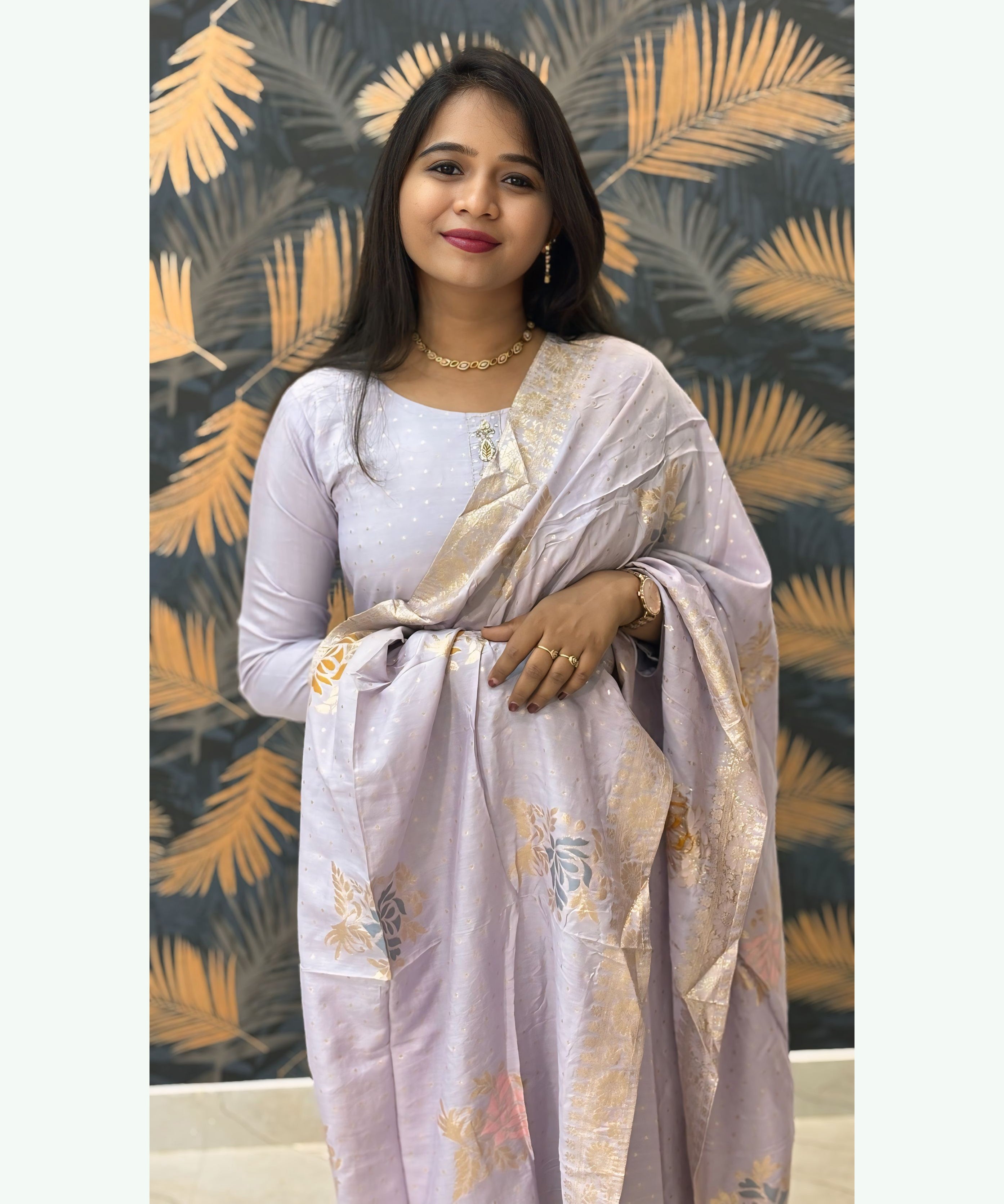Pastel Lavender Color Premium Silk Cotton Salwar Set with Banarasi Dupatta / ESS285