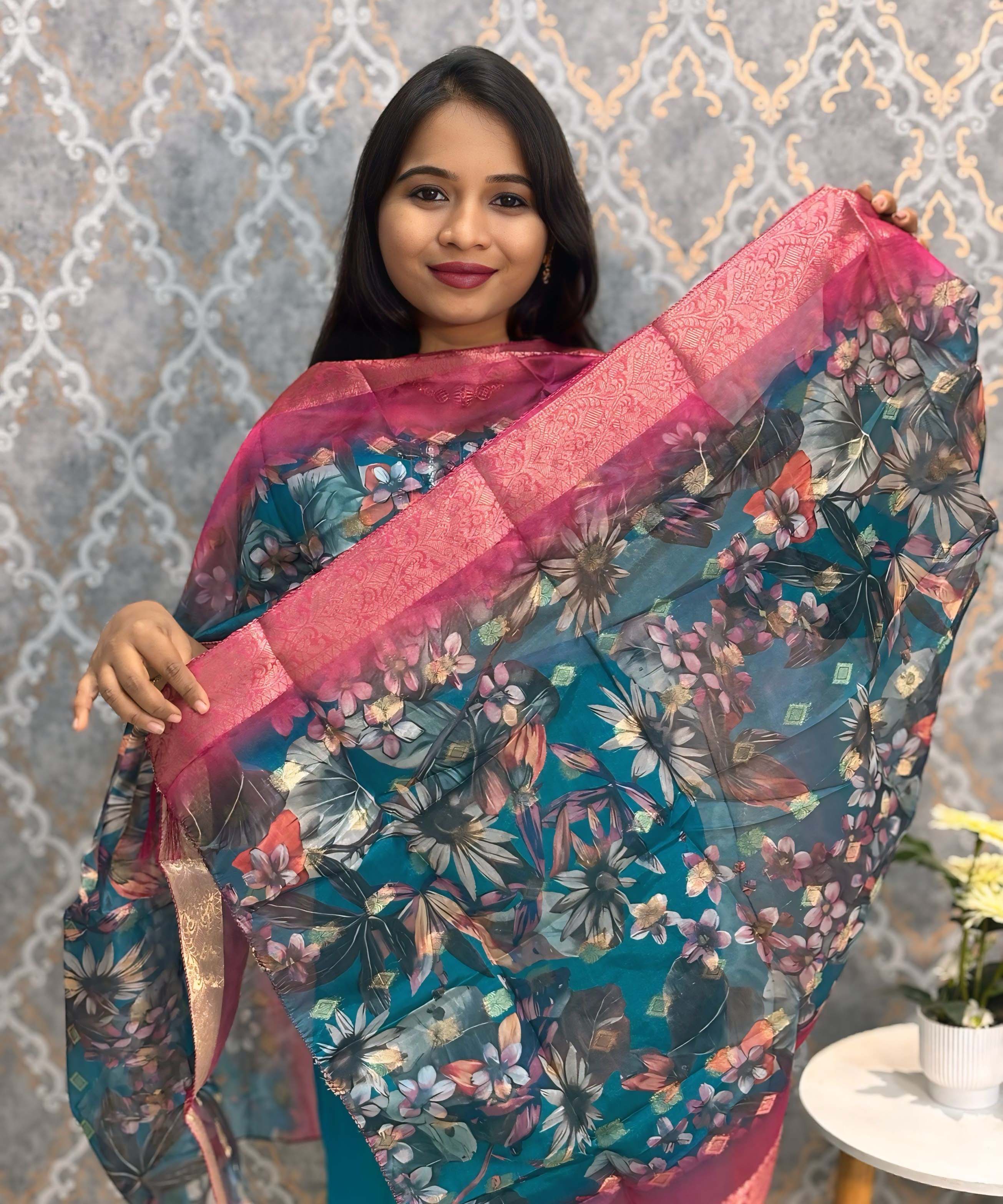 Rama Green and Pink Color Premium 3 Piece Salwar Set with Printed Organza Dupatta / ESS359