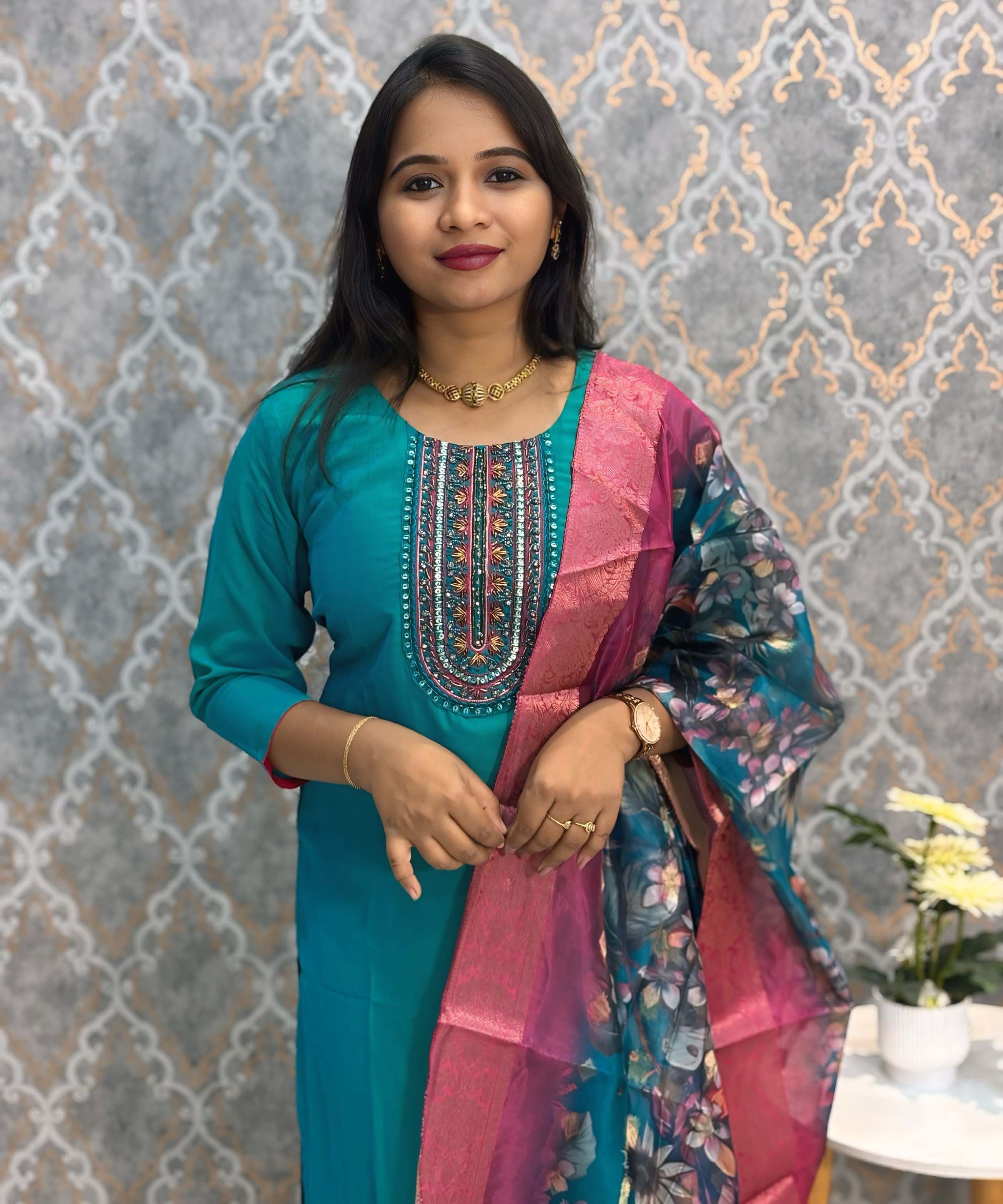 Rama Green and Pink Color Premium 3 Piece Salwar Set with Printed Organza Dupatta / ESS359