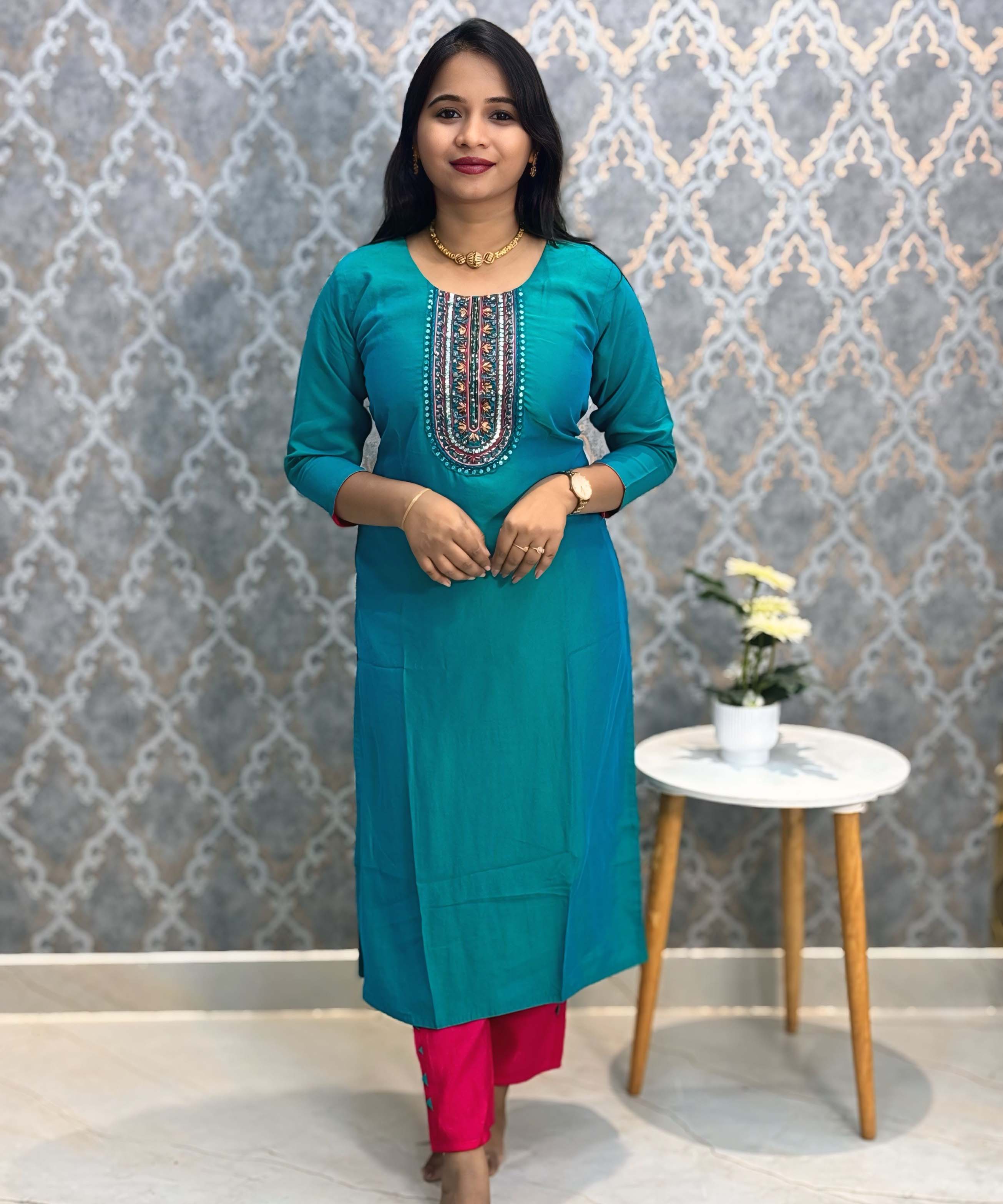 Rama Green and Pink Color Premium 3 Piece Salwar Set with Printed Organza Dupatta / ESS359